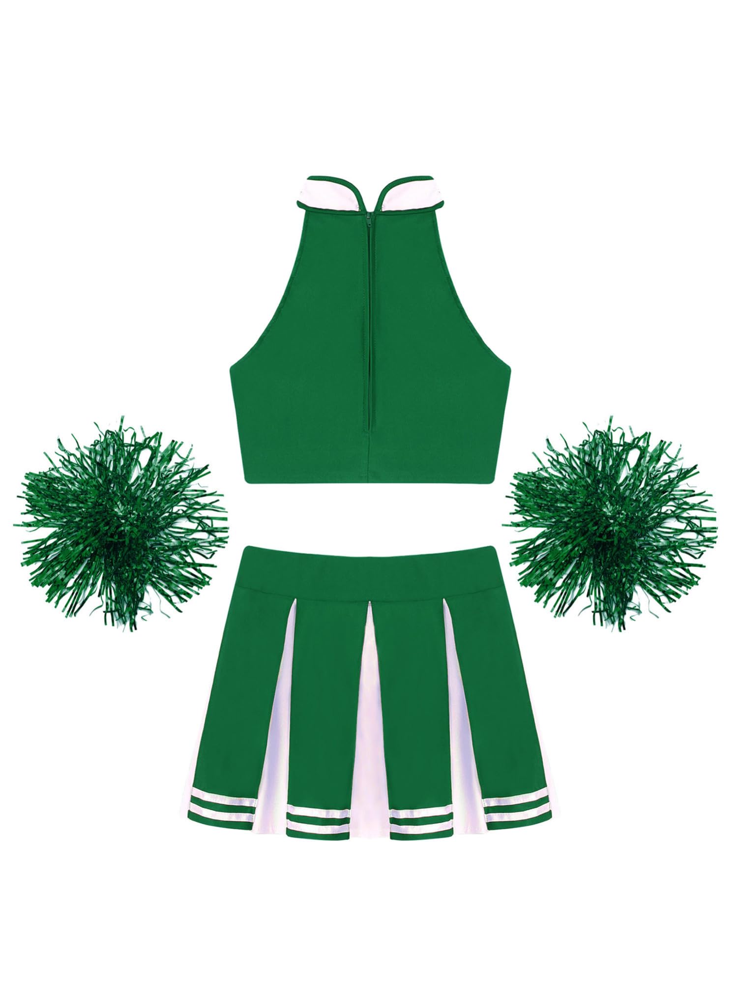iEFiEL Set Tuta da Cheer-Leader per Donna Costume da Cheerleading Zipper Crop Top senza Manica Gonna a Pieghe Fiori 2 pcs per la Gara di Danza Competizione Partito