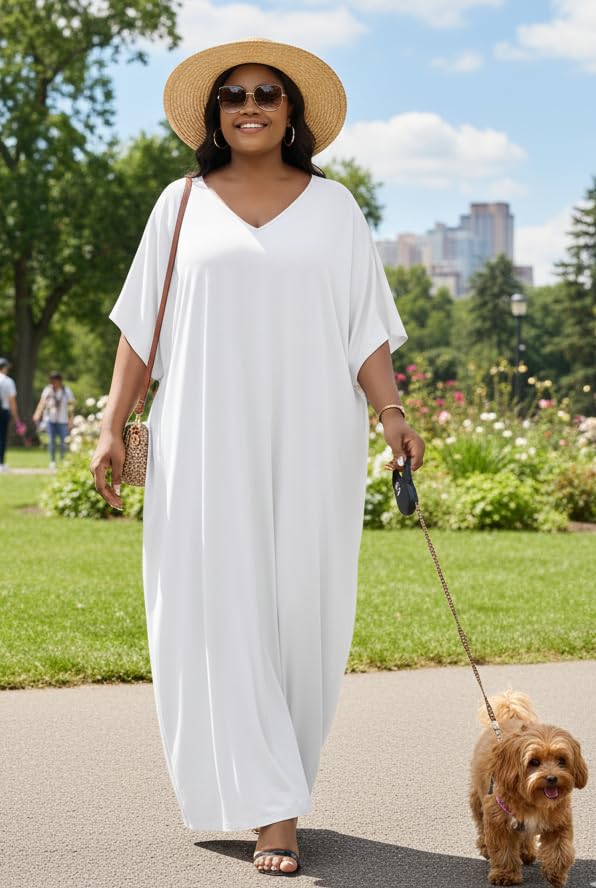 Image of Runwind Plus Size Maxi Dress for Women Short Sleeve V Neck Casual Long Dresses with Pockets