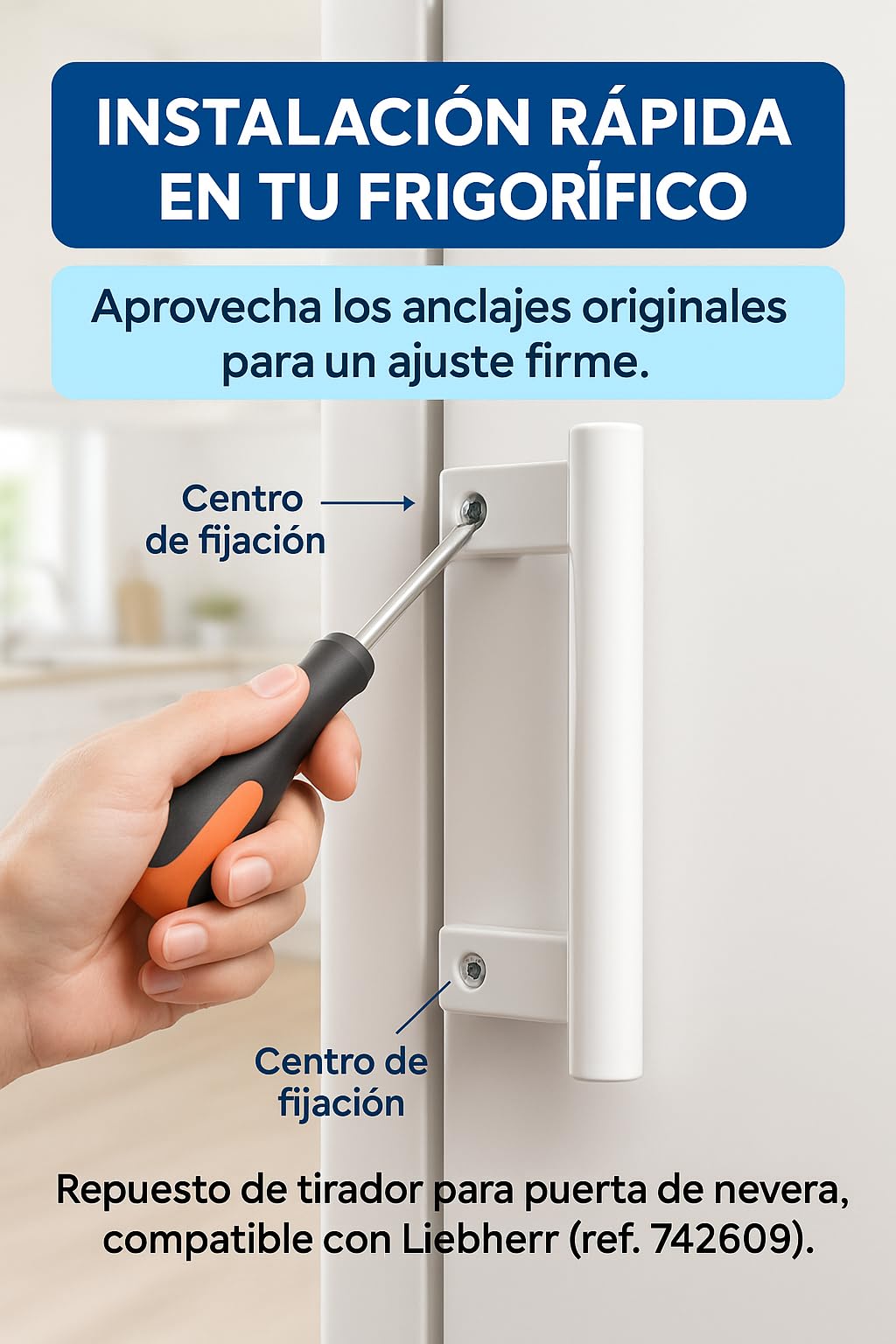RECAMBIOS DREYMA Tirador Puerta Frigorifico Compatible con Liebherr AEG Beko CN3033 21310326-7426909 Asa Blanca Acero Pintado Montaje Ambidiestro Repuesto Nevera Congelador para instalacion rapida