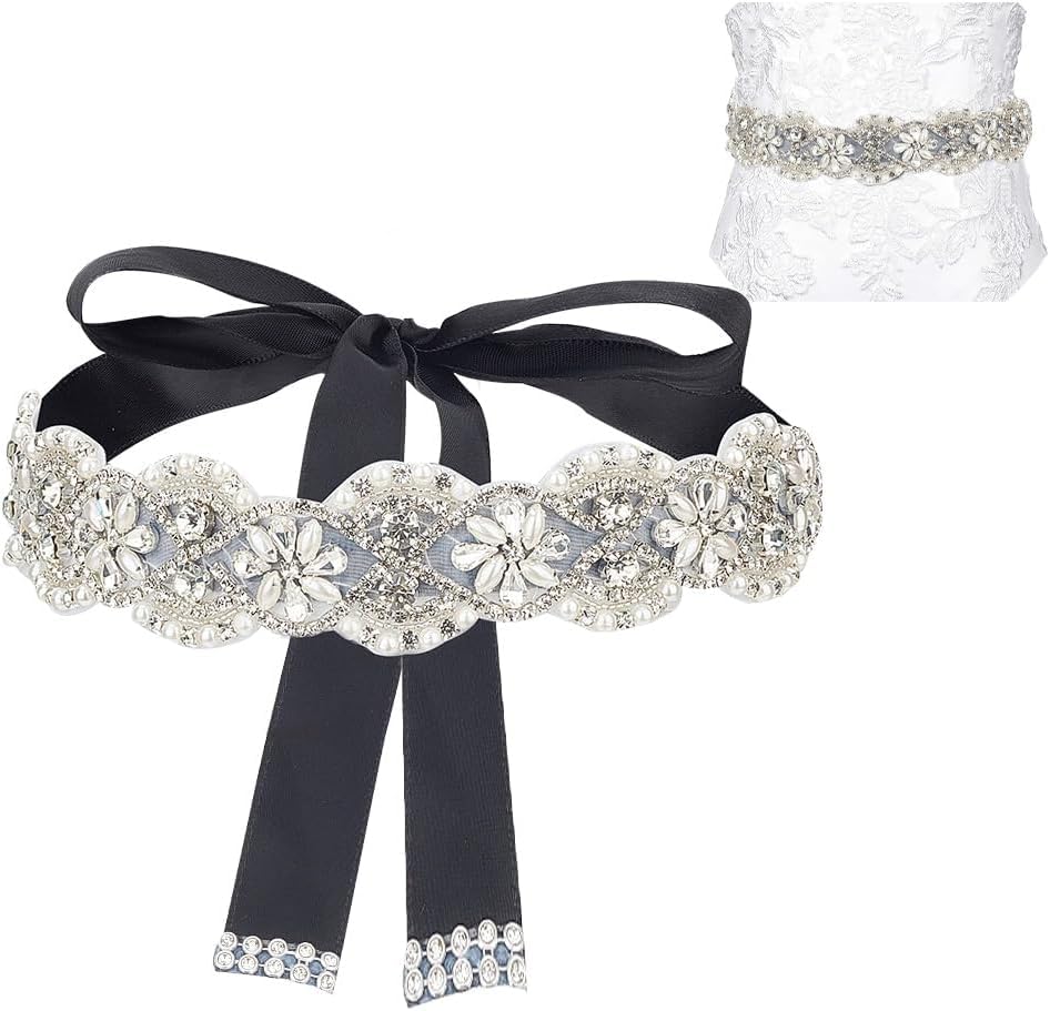 1 Pc Black Rhinestone Wedding Dress Belt, 104-3/4 Inch(266cm) Ribbon Wedding Sash Handmade Bridal Belt for Wedding Dress