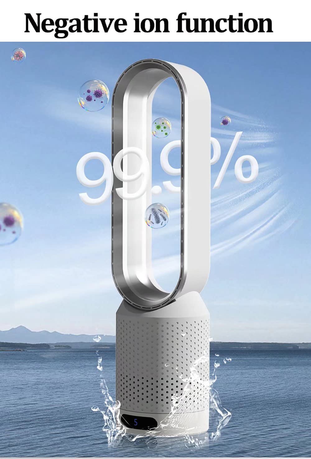 Purificador De Aire con Ventilador De Torre Sin Aspas 2 En 1 con Oscilación De 90°, Control Remoto, 8 Velocidades, Temporizador Y Pantalla Táctil Led para El Hogar Y La Oficina. White Silver