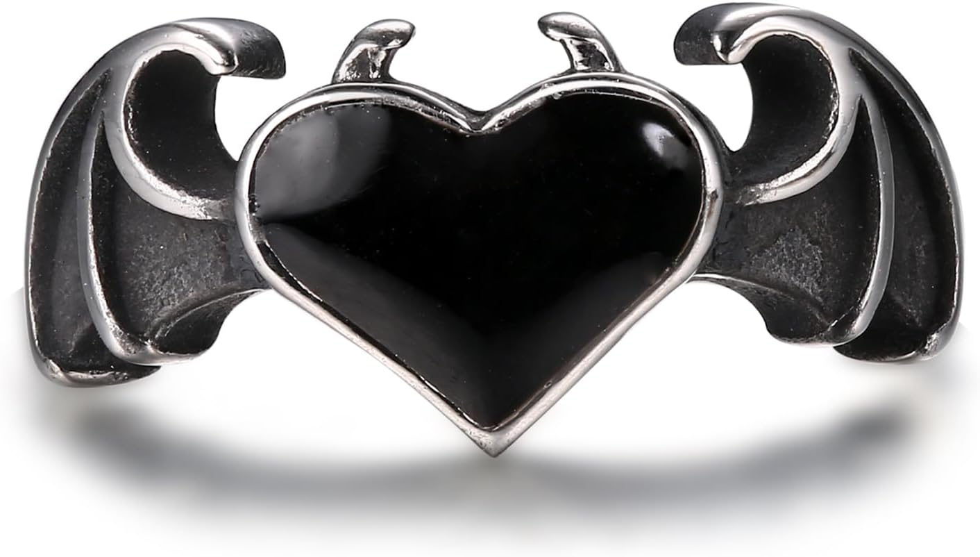 – GTHIC Stainless Steel Gothic Devil Bat Black Heart Wing Ring for Women Vintage Demon Love Statement Jewelry Pinky Ring US Size 3-13