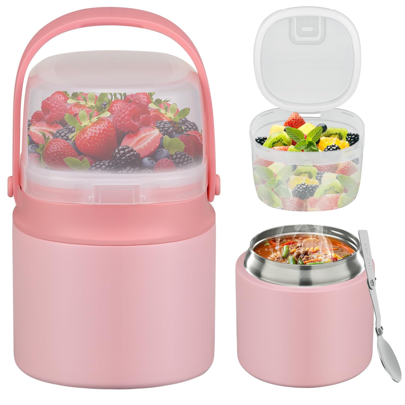 2 - in - 1 Soup Thermo for Hot Food 14oz with Snack Box Container Leak Proof Insulated Lunch Container Kids and Adults Stainless Steel Double Wall Vacuum Wide-mouth Thermal with Spoon and Handle