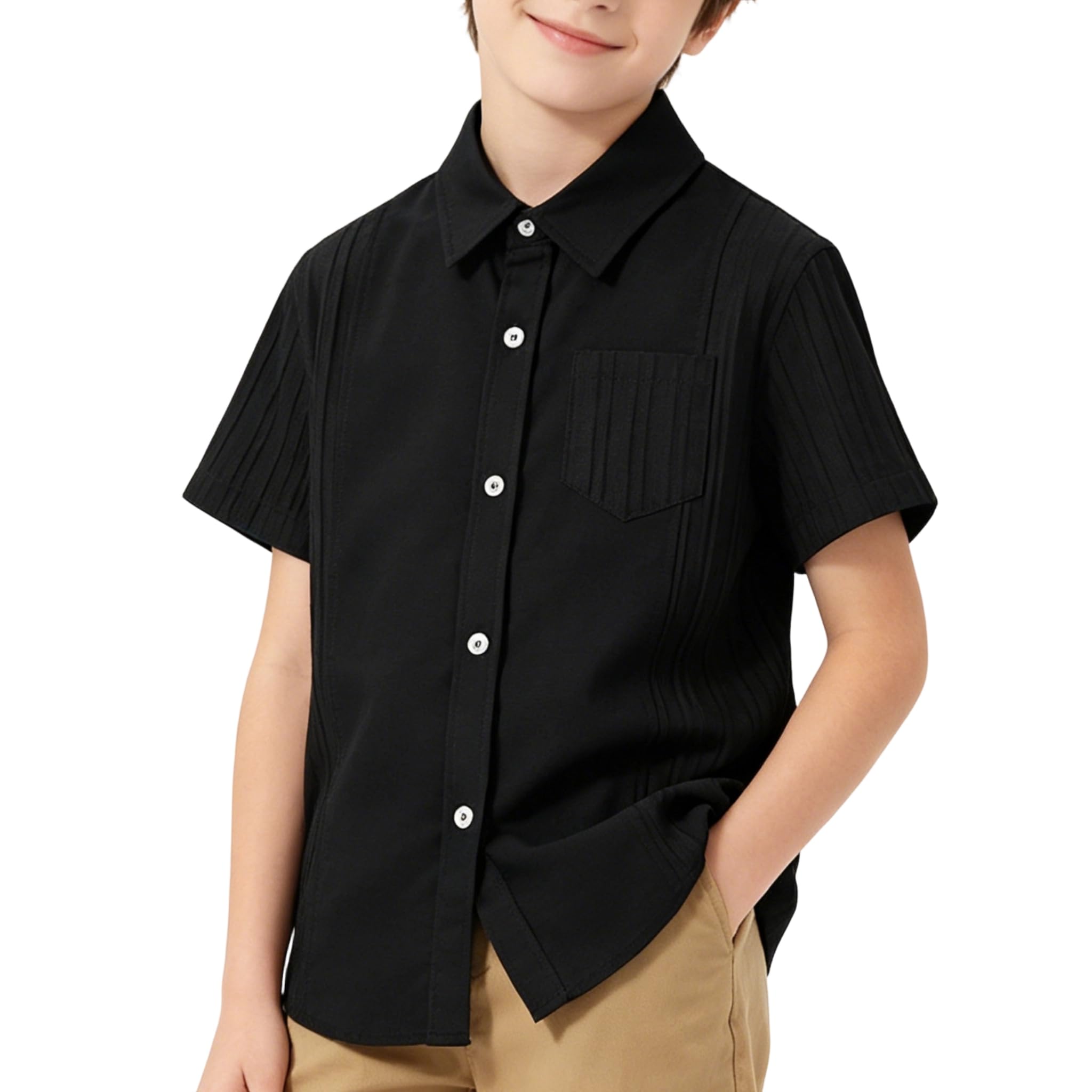 LOLANTA Camicia a Maniche Corte per Ragazzi in Cotone e Lino, Bambino Camicia Cubana Casual con Bottoni per Estate, 5-12 Anni