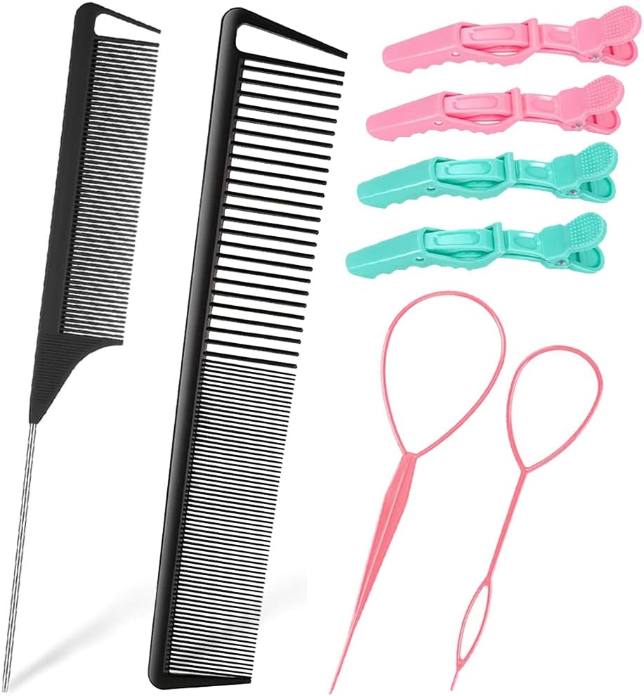 8 Pieces Hair Tail Tools Set Rat Tail Comb Cutting Comb with Wide and Fine Teeth Alligator Styling Sectioning Hair Clips Hair Loop Tool Set, Styling Combs Braid Tool Loop for Women Kids Men