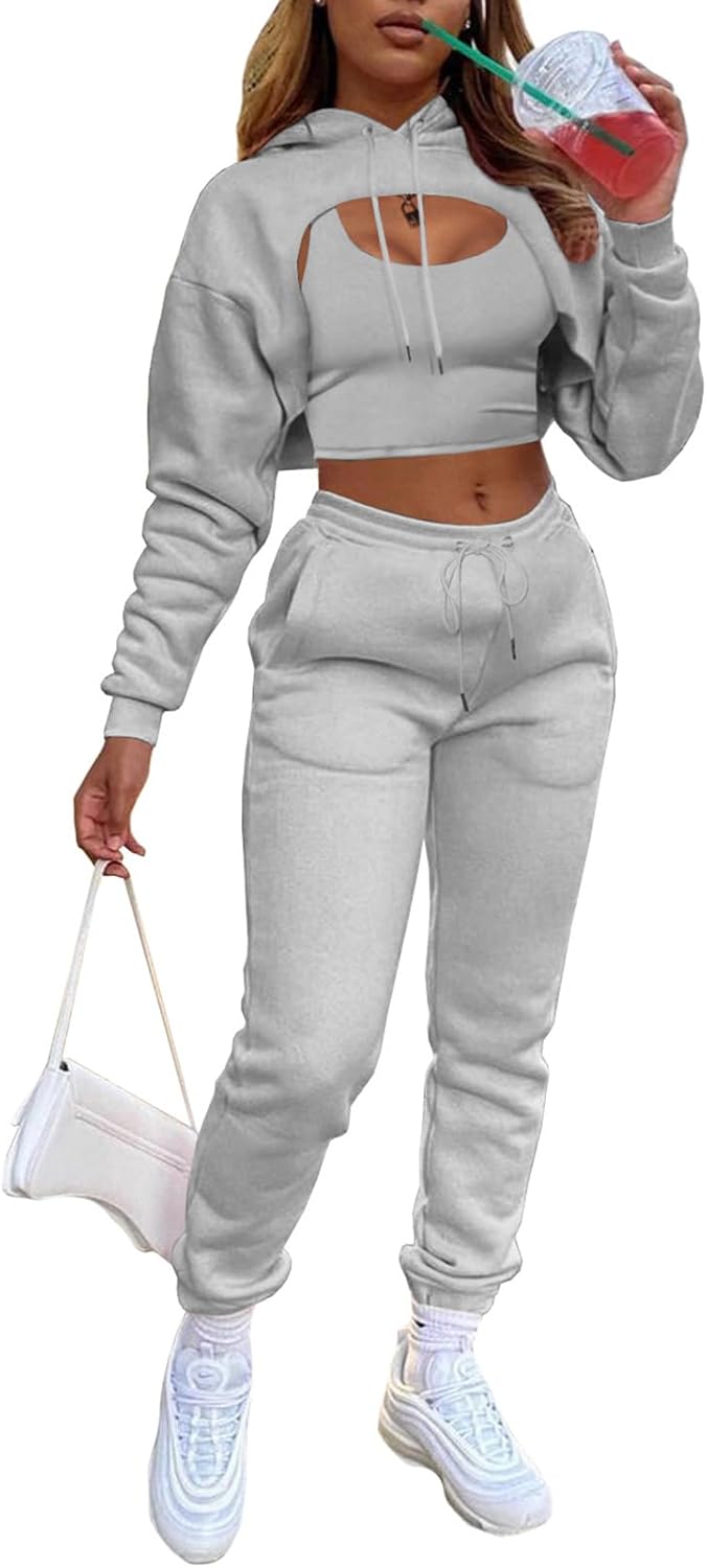Remxi Women 3 Piece Outfits Sweatsuits Set - Sexy Long Sleeve Pullover Crop Top Hoodie Tank Joggers Sweatpants Workout Sets