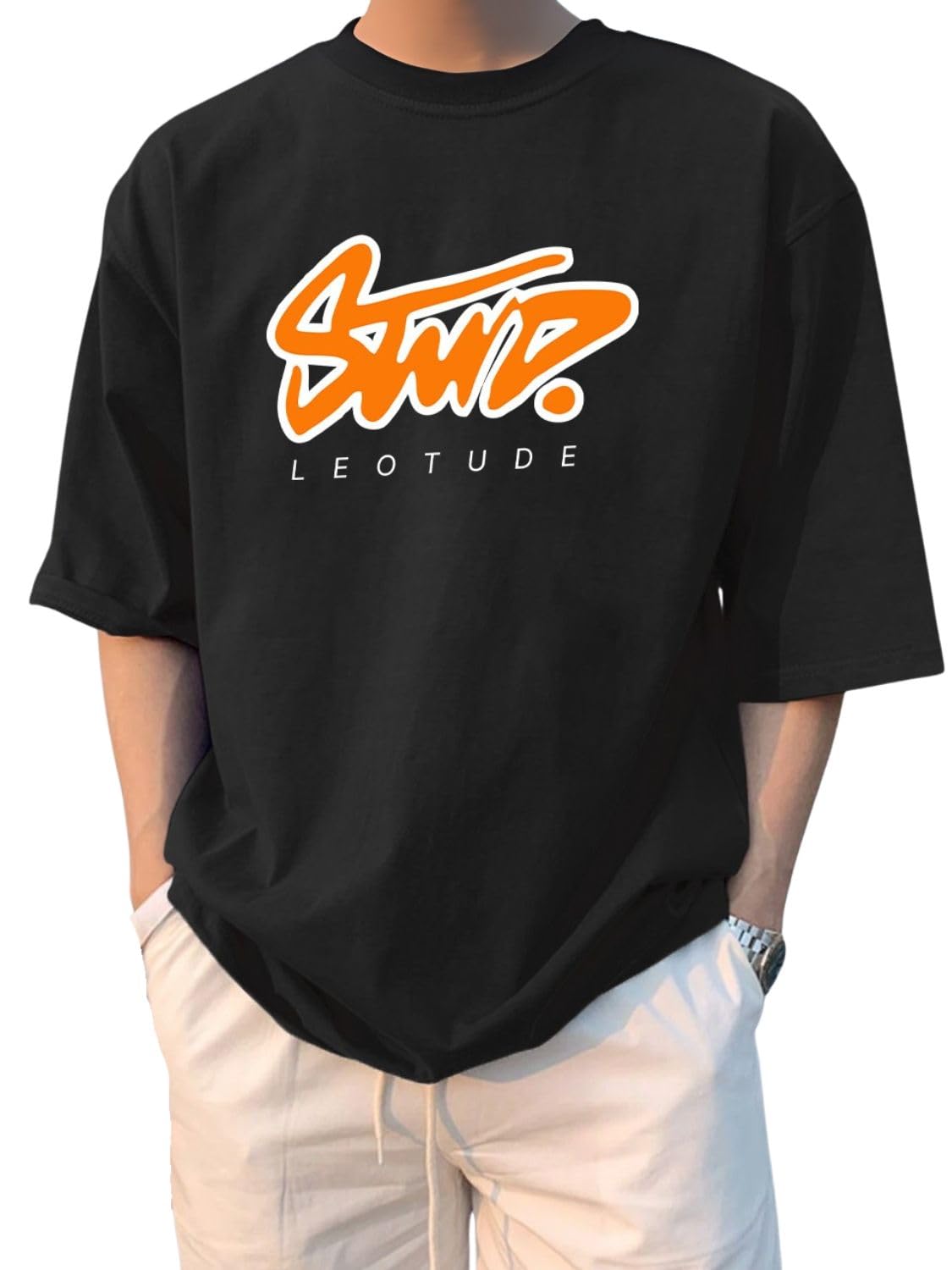 LEOTUDE Men's Cotton Oversized Black T-Shirt - Image 1