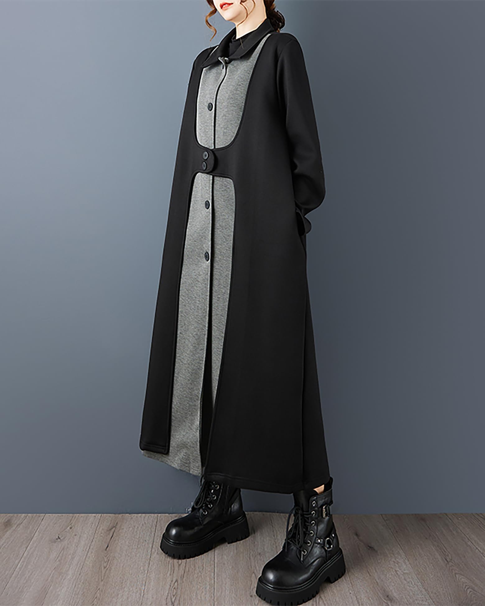 ellazhu Damen-Mantel, Revers, Knopfleiste, Patchwork, langärmelig, Seitentaschen, Maxi-Saum, GZ719 A