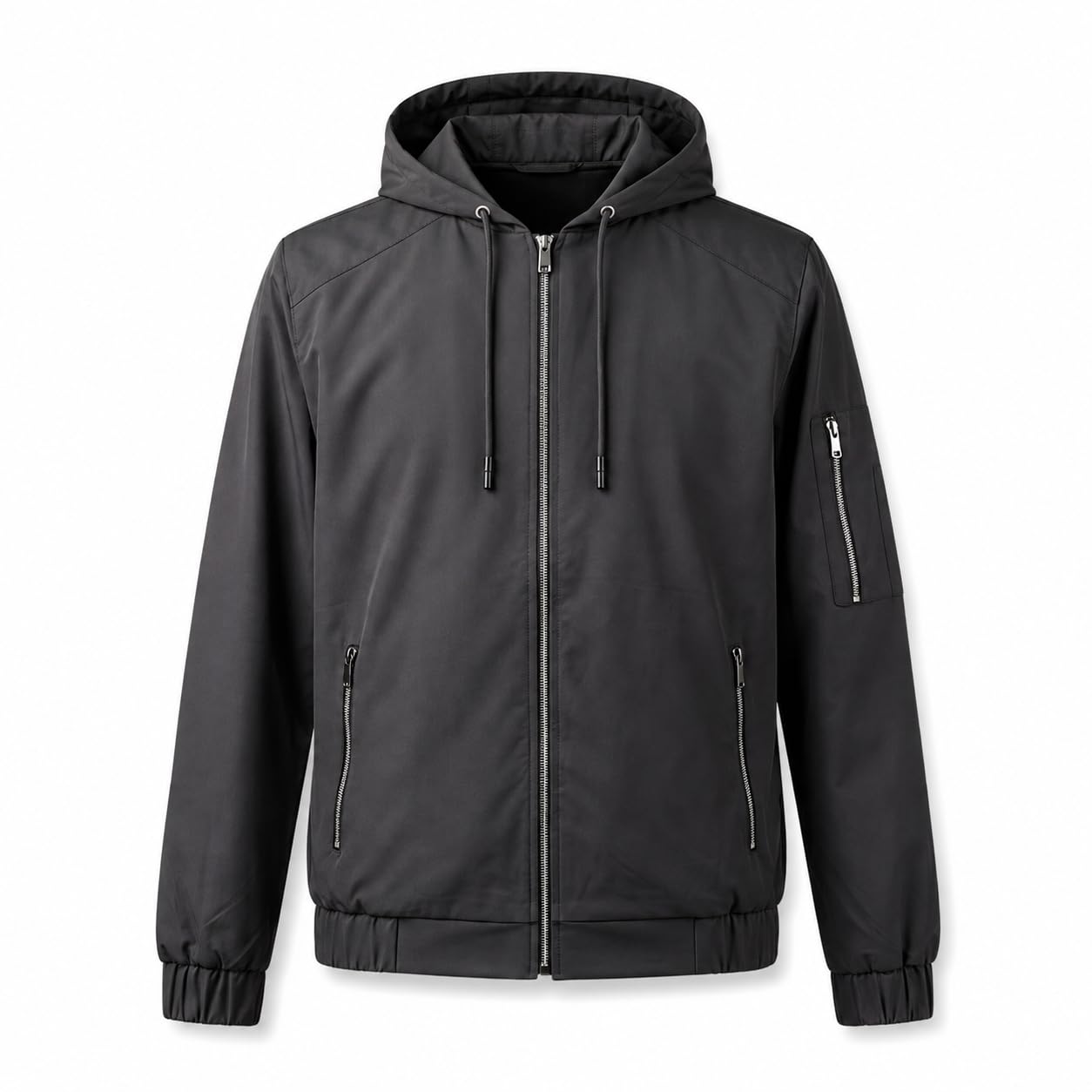 men's rain jacket with hood, front zip, zipper pockets & elastic cuffs