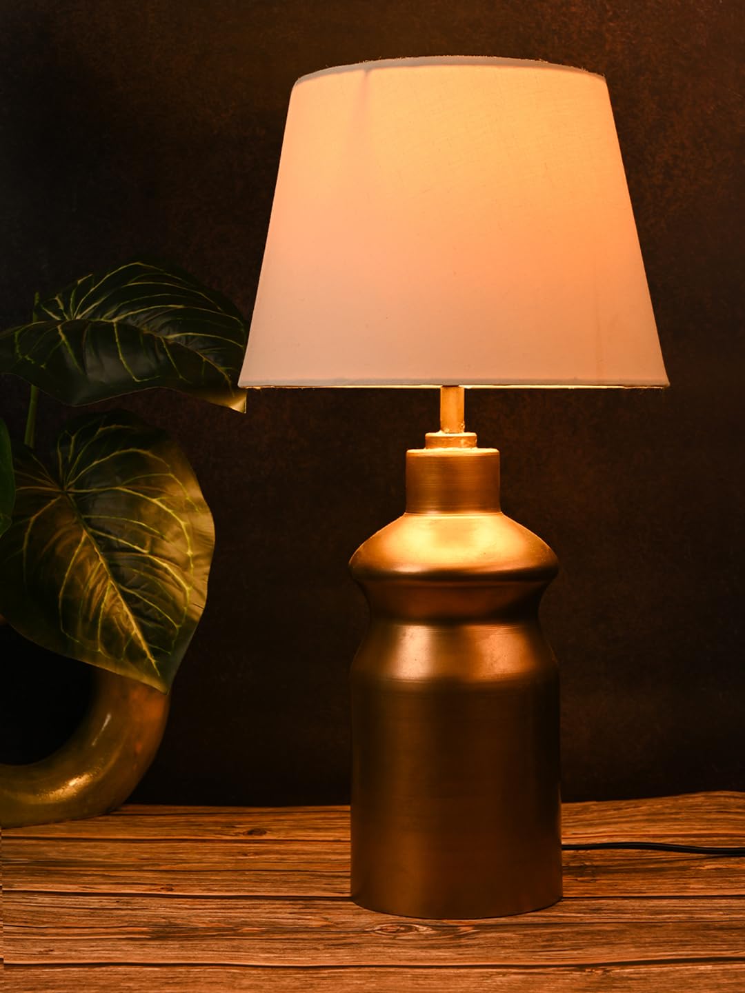 Green Girgit Golden Metal Urn Shaped Lamp with Taper Solid White Shade | Night Lamp | Reading Lamp | Home Decor Items | Galvanized Iron Bedside Table Lamp | Metal Handcrafted Lamp | Living Room Decor