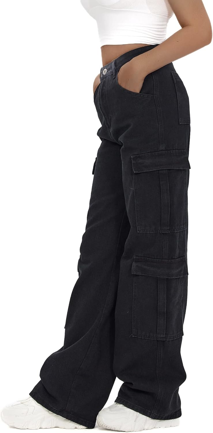 Women's High Waist Baggy Cargo Jeans Flap Pocket Y2K Streetwear Wide Leg Denim Pants - Image 4