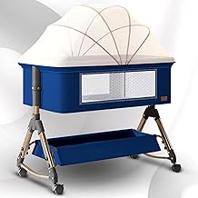 CAREIT Alloy Steel Comfortable 6-in-1 Baby Cot, Crib, Bedside Bassinet, Adjustable Height, Mosquito Net, Storage Basket, Wheels, and Mattress | Easy Folding, Unique Design (Blue)