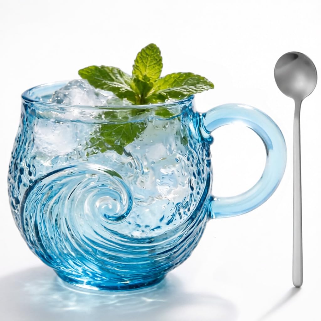 Sea Glass Wave Coffee Mug 350ML Ocean Wave Glass Mug with Handle Blue Glass Mug with Stirring Spoon Textured Sea Wave Design Artistic Blue Seas Glasss Gift for Beach & Ocean Lovers Drinking Coffee Tea
