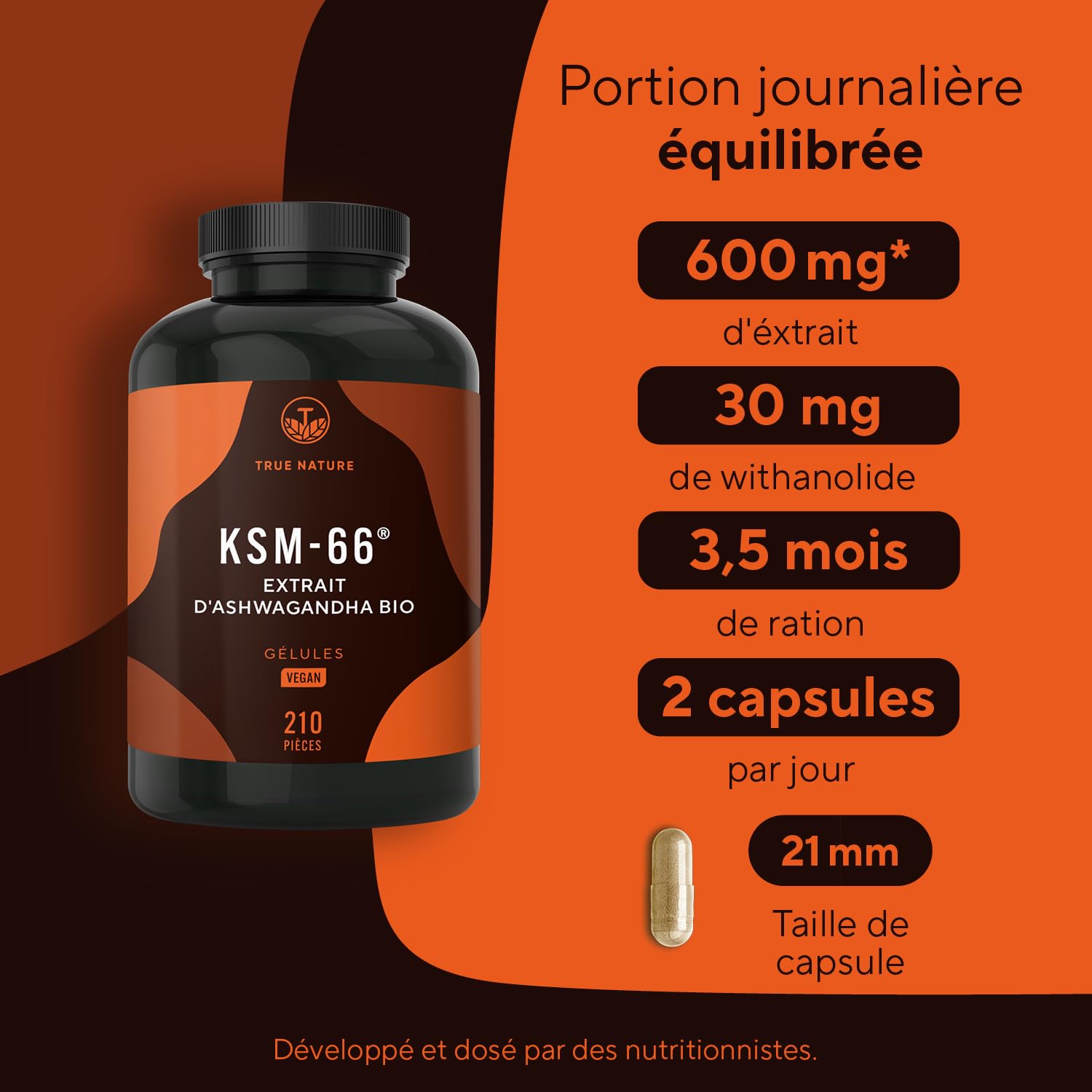 KSM-66 | Ashwagandha bio | Principe actif breveté – 210 gélules, rendement supérieur à la moyenne – 600 mg, au moins 5% de withanolides – Ayurveda – Sans lactose ni gluten – TRUE NATURE