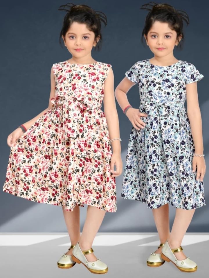 Image of Girls Pure Cotton Casual Round Neck Regular feet Multi Color Girls Gown Dress Half Sleeve Set of 3 pcs
