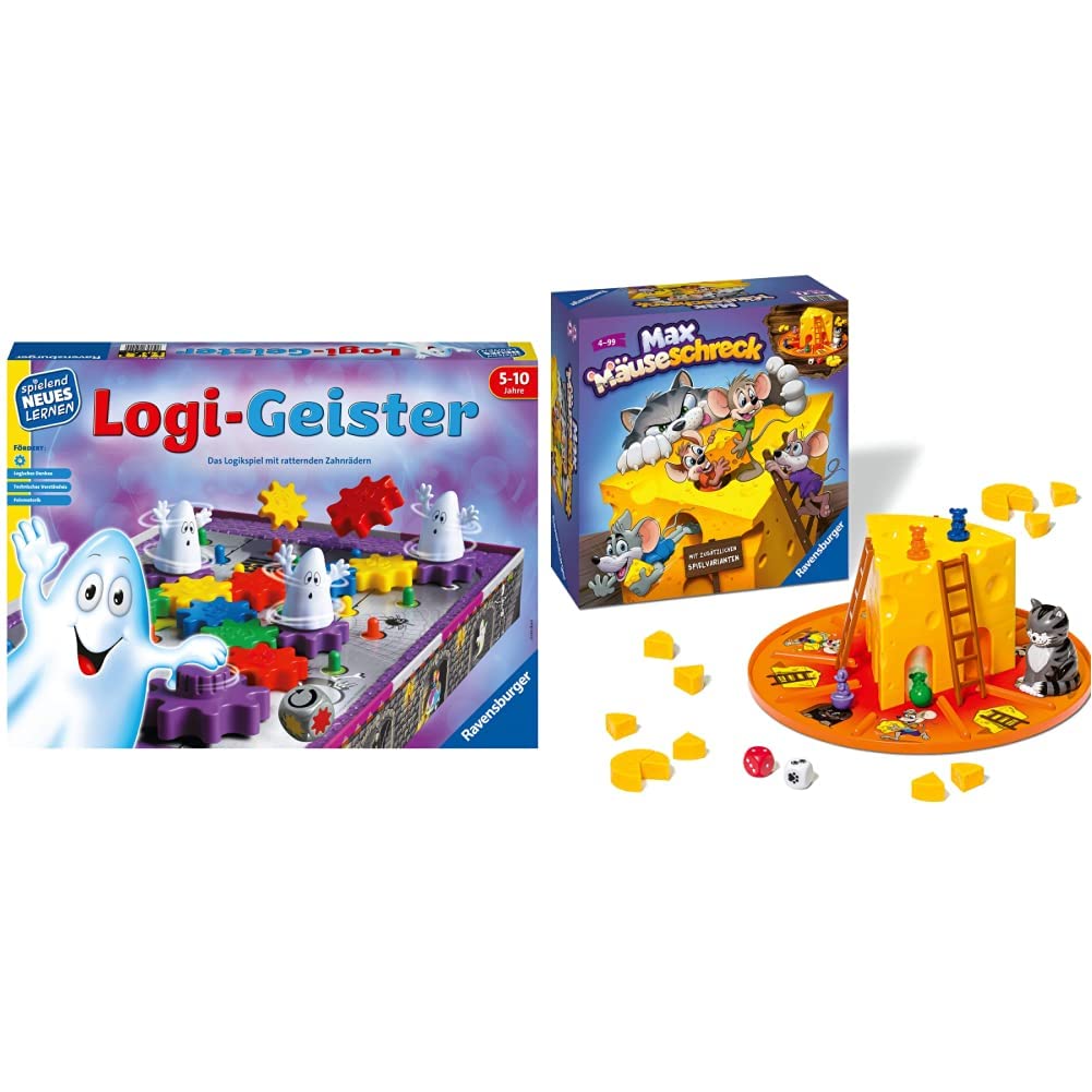 Ravensburger 25042 - Logi-Geister - Spielen und Lernen für Kinder, Lernspiel für Kinder von 5-10 Jahren, Spielend Neues Lernen für 2-4 Spieler & 24562 - Max Mäuseschreck - Würfel-Laufspiel