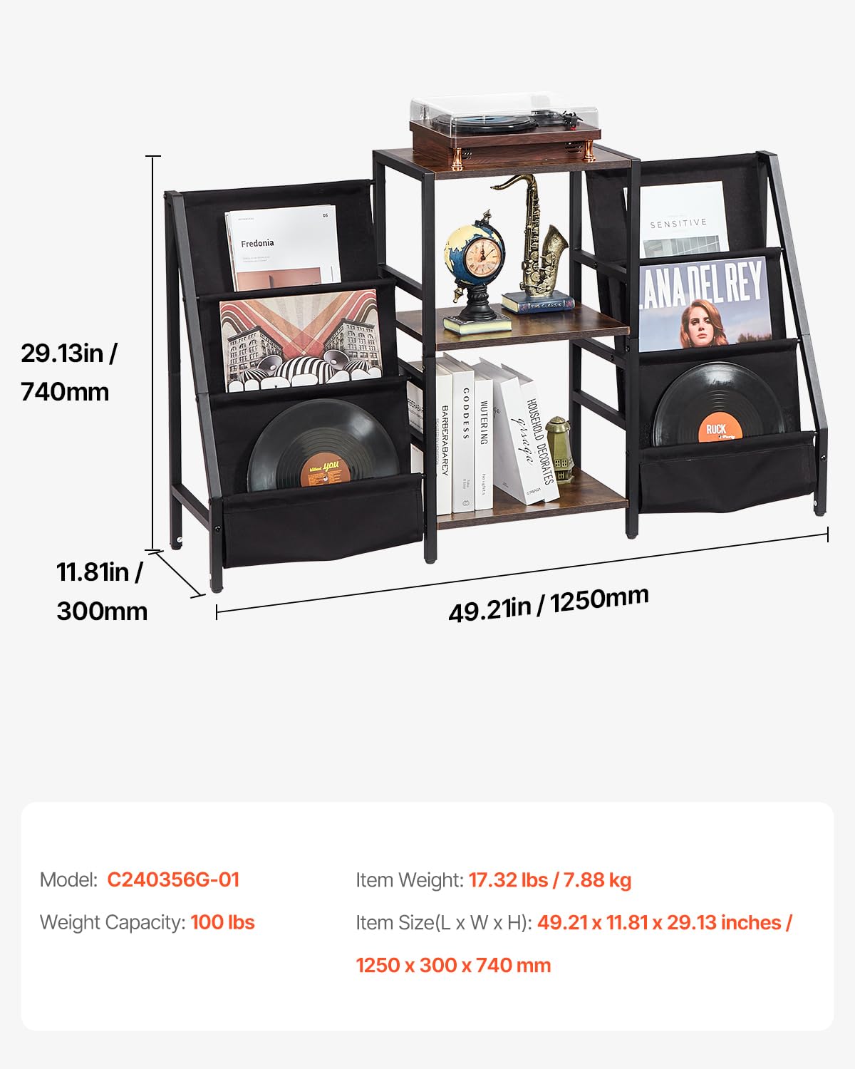 VEVOR Supporto per Giradischi Metallo a 3 Livelli, Contiene fino a 280 Album, Supporto per Giradischi con Ripiano Espositivo, Portadischi per Soggiorno, Nero