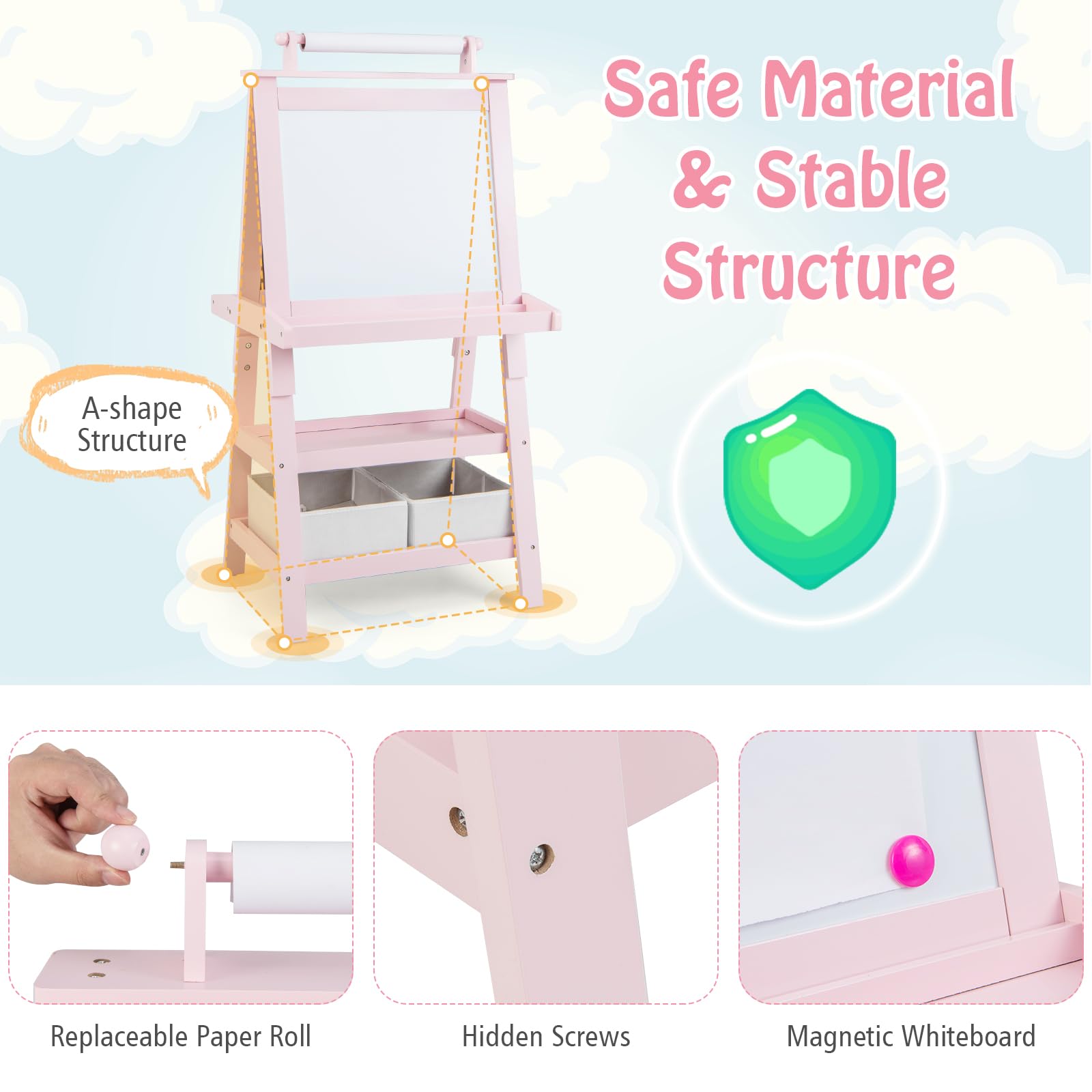 FANTASK Lavagna da tavolo per bambini 3 in 1 con 2 scomparti e 2 scatole portaoggetti (rosa)