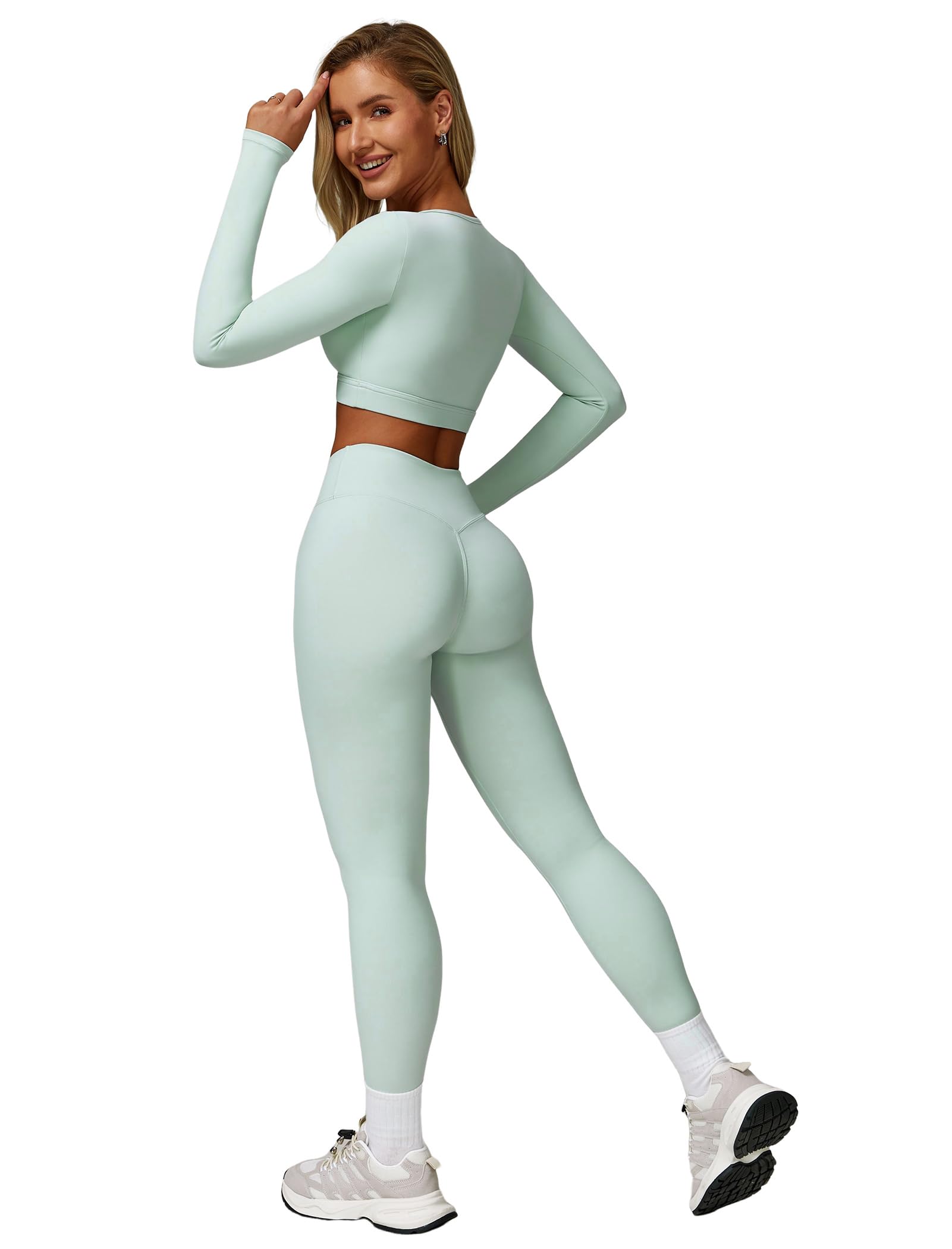 Workout Sets for Women 2 Piece Long Sleeve Cutout Crop Top and High Waisted Leggings Gym Athletic Jogger Sets: Green Small