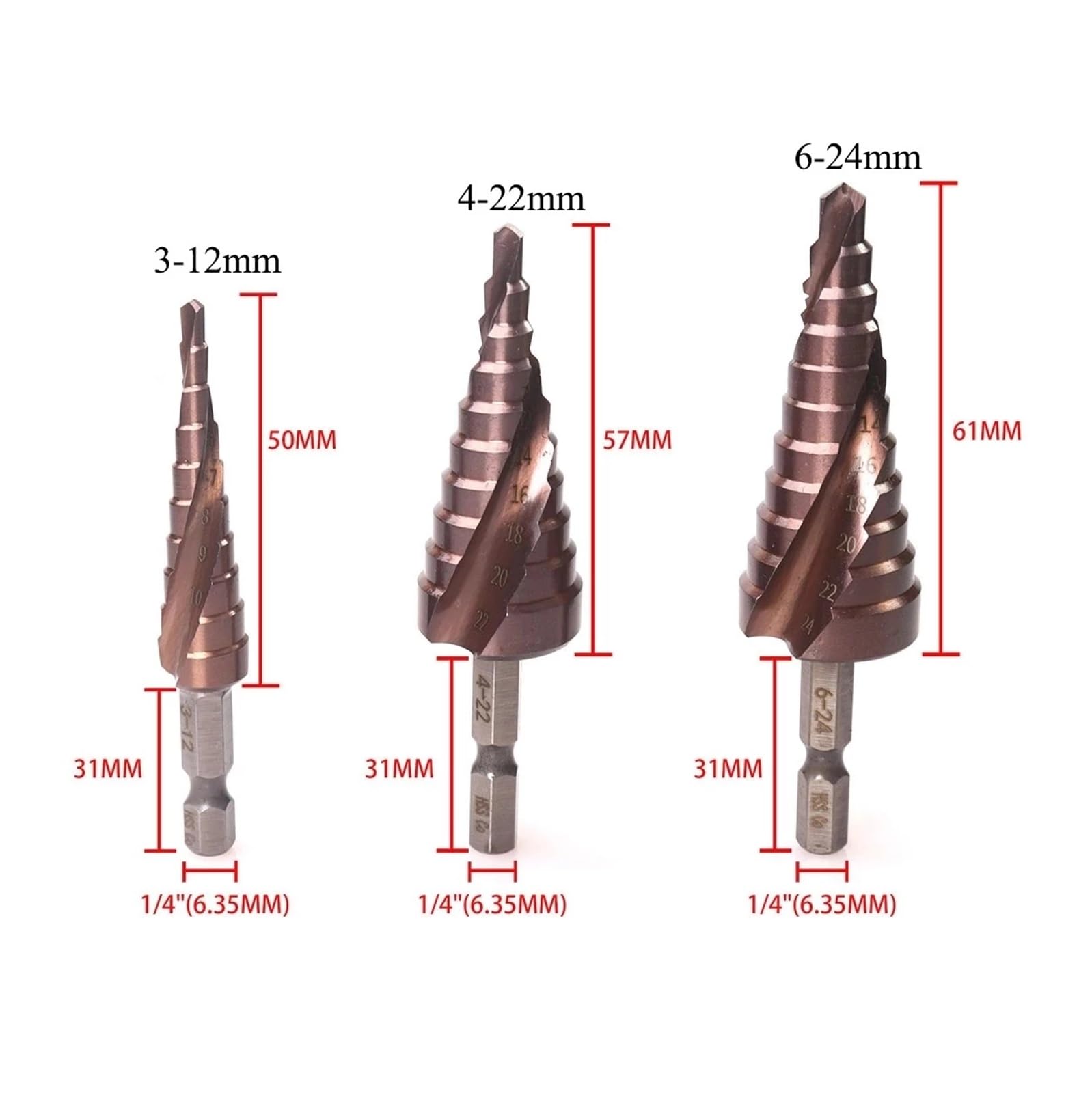3PCS Punta Da Trapano Passo 3-12mm 4-22mm 6-24mm HSS-CO HSS Cono Punta Da Trapano In Metallo Set Pistola Trapano Da Banco Utensili Elettrici Accessori