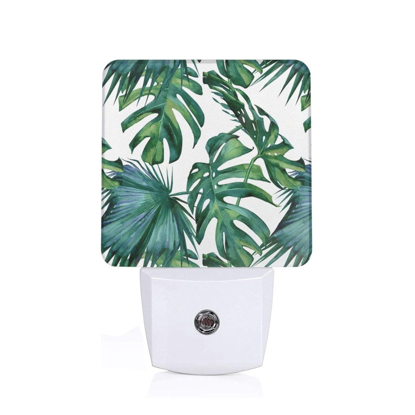 Oxbnmm White Green Banana Leaves Led Night Light Plug In, Modern Nightlight Dusk To Dawn Sensor Wall Night Lights For Hallway Bedroom Stairway