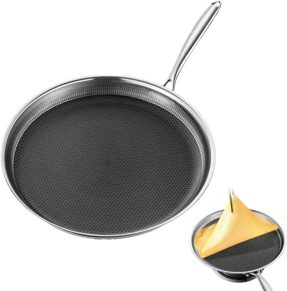 Nonstick Crepe Pan, Stainless Steel Flat Skillet, Stainless Steel Honeycomb Coating Pancake Pan, Tortilla Griddle Pan for Easy Cleanup, with All Stove Tops Available, PFOA Free,10.23 in