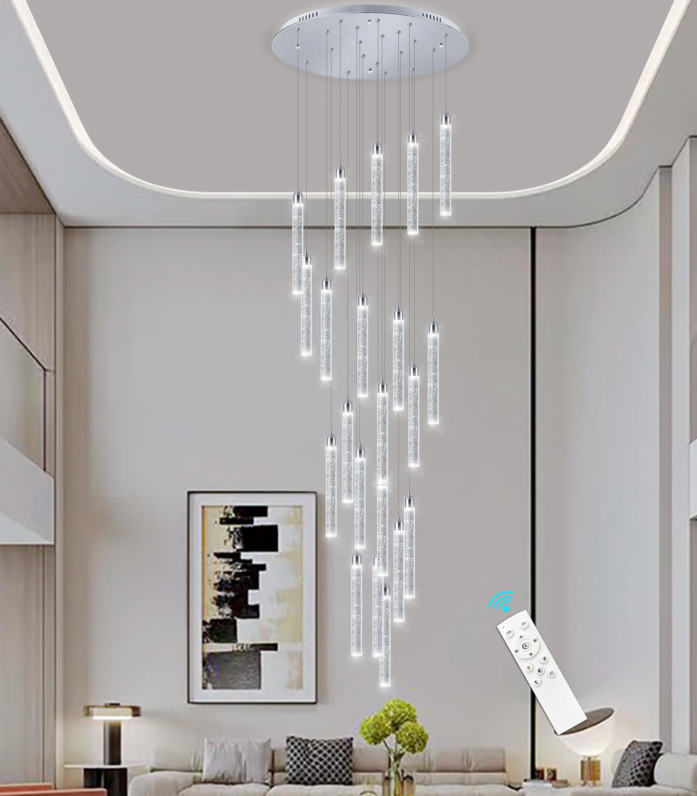 Dolria 20-Lights Chandelier LED Dimmable Chandeliers for Entryway Flush Mount Ceiling Pendant Light Fixture Crystal Chandeliers for Living Room Chrome Finished Lighting Modern 156in High Ceiling Chandelier