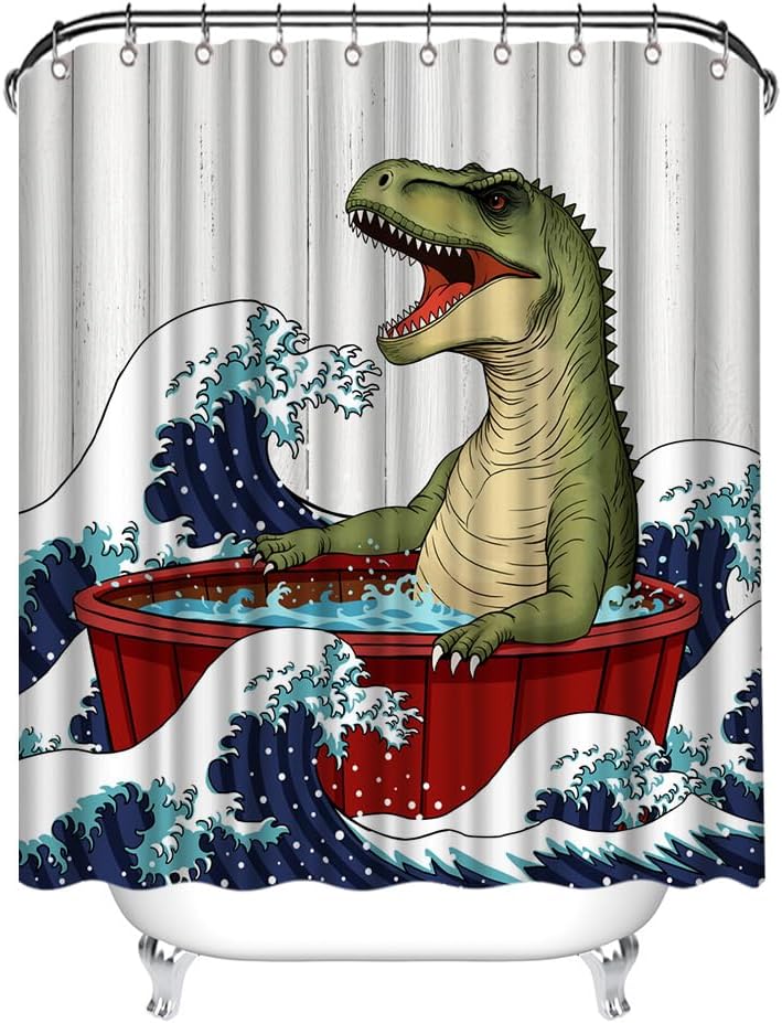 Funny Shower Curtain Set with 12 Hooks 72x72 Inches T-Rex in Red Bathtub with Ocean Waves Dinosaur Bathroom Decor