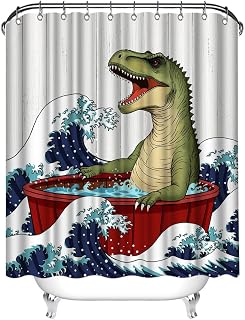 Funny Shower Curtain Set with 12 Hooks 72x72 Inches T-Rex in Red Bathtub with Ocean Waves Dinosaur Bathroom Decor