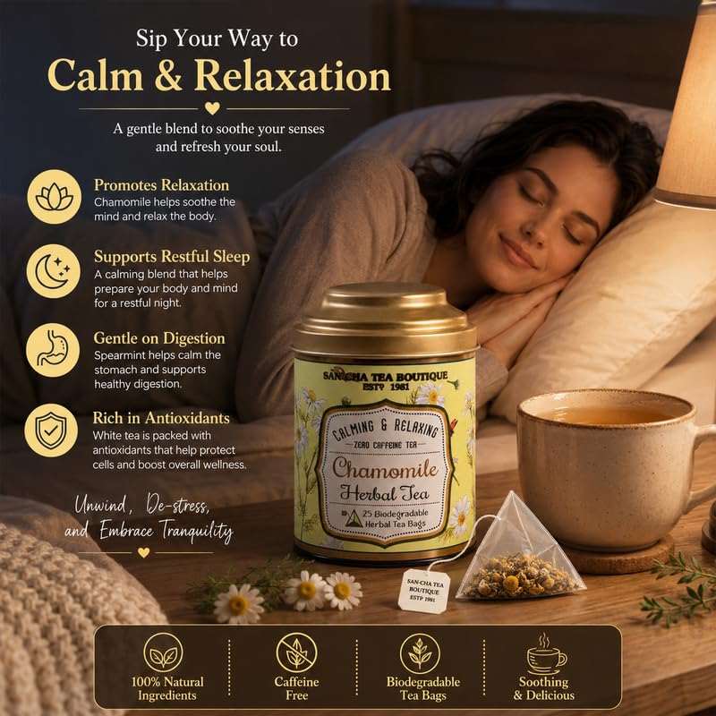 Image of Sancha Tea Boutique Chamomile Herbal Infusion | 25 Pyramid Tea Bags | 100% Caffeine-Free | Single-Origin India | Bedtime & Relaxation Tea | No Artificial Flavours | Elegant Tin Caddy
