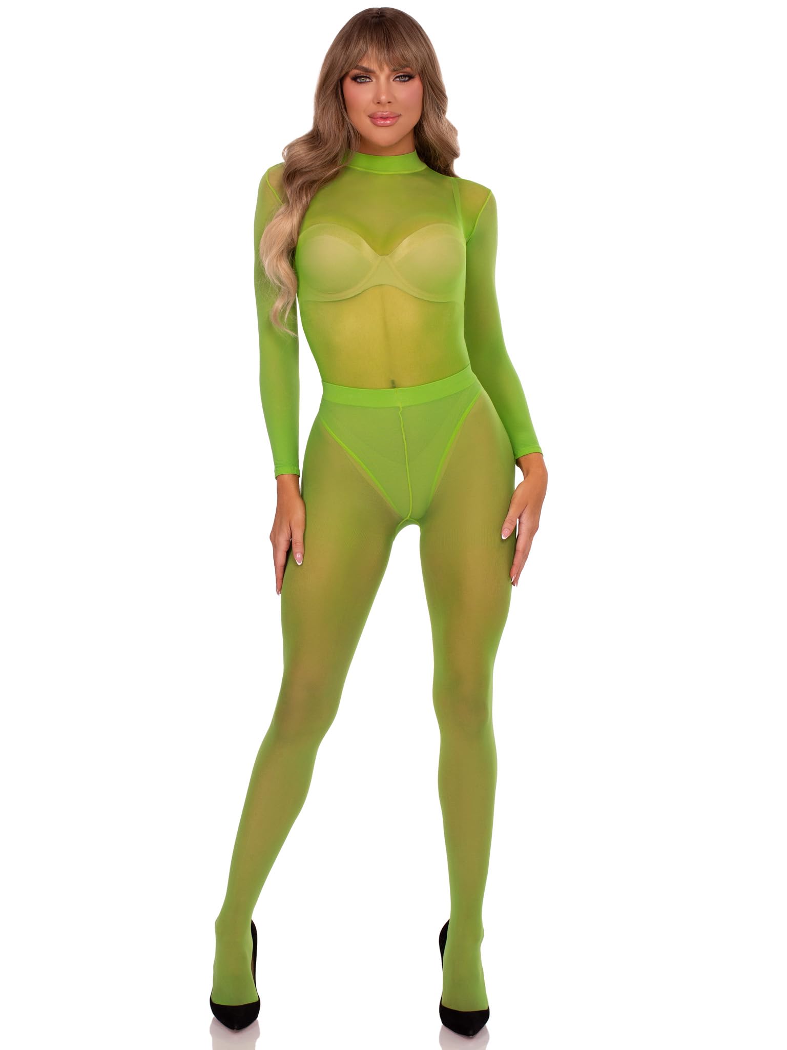 Leg Avenue Women's Green 2 Pc Snap Crotch Long Sleeve Bodysuit And Matching Sheer Tights Costume, One Size