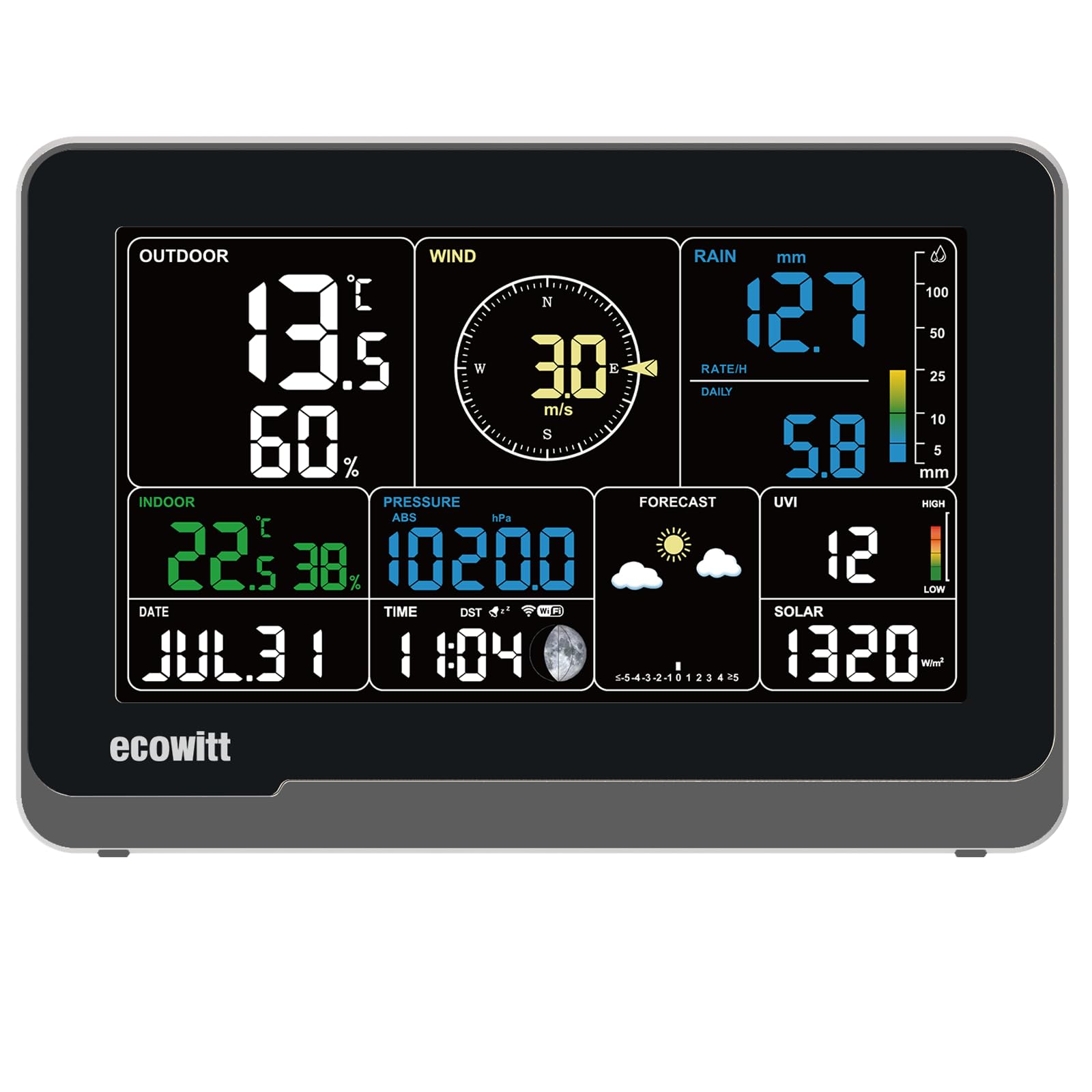 ECOWITTConsole WS3900_C for Weather Stations, 7.5 inch Home Wifi Indoor LCD Colour Display, Built-in 3 in 1 Temperature-Humidity, Pressure Sensors, Ecosystem IOT Intelligent Linkage Control, 868MHZ