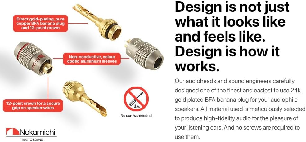 Nakamichi FanLock Excel Series 24k Gold Plated BFA Banana Plug 10 AWG - 18 AWG Gauge Size 4mm for Speakers Amplifier Hi-Fi Stereo Home Theatre Radio Audio Wire Cable Quick Connector, 4 Pcs (2-Pairs) - Image 5