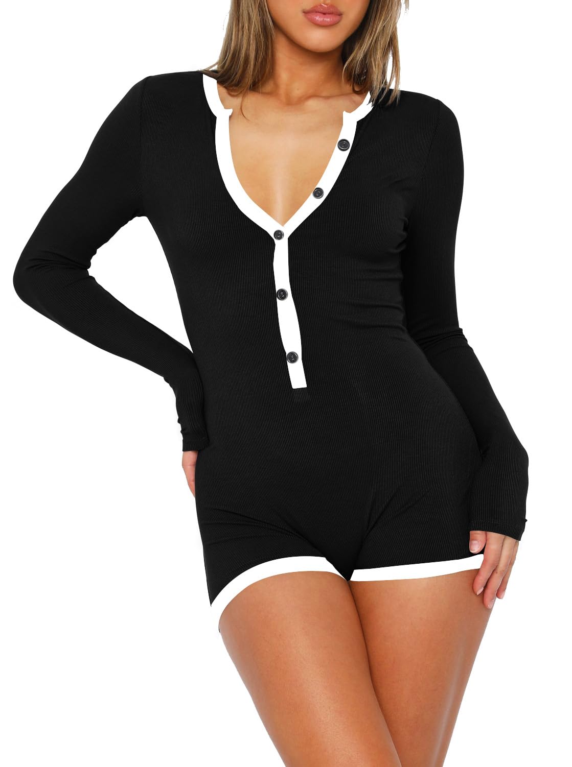 INFITTY Rompers for Women Long Sleeve Jumpsuit V Neck Onesie Pajamas Sexy Ribbed Button Down Sleepwear