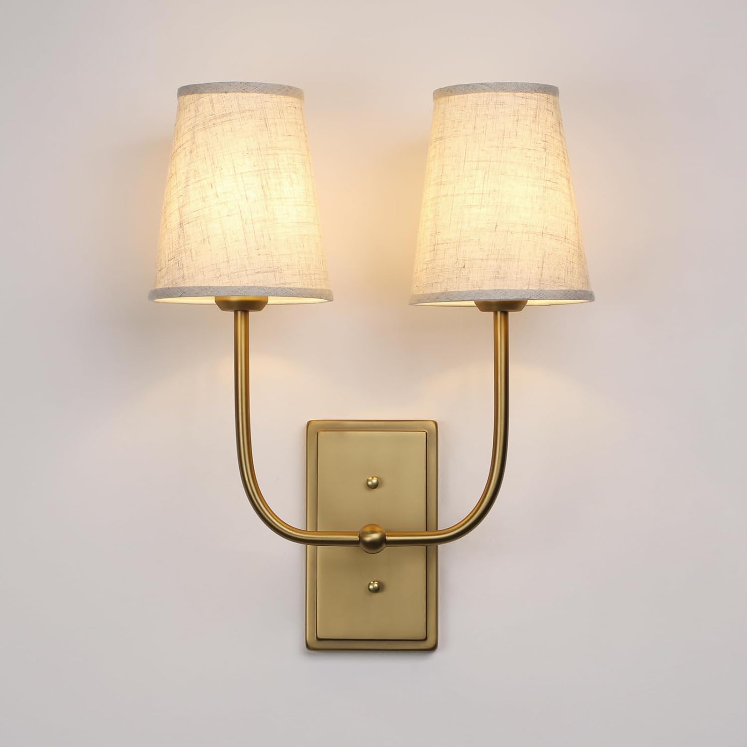 Vintage 2-Lights Wall Sconces with Funnel Linen Fabric Shades, Double Head Bathroom Vanity Lights Fixture, Indoor Wall Lamps for Bedroom Living Room Hallway Stairway Linen Cloth
