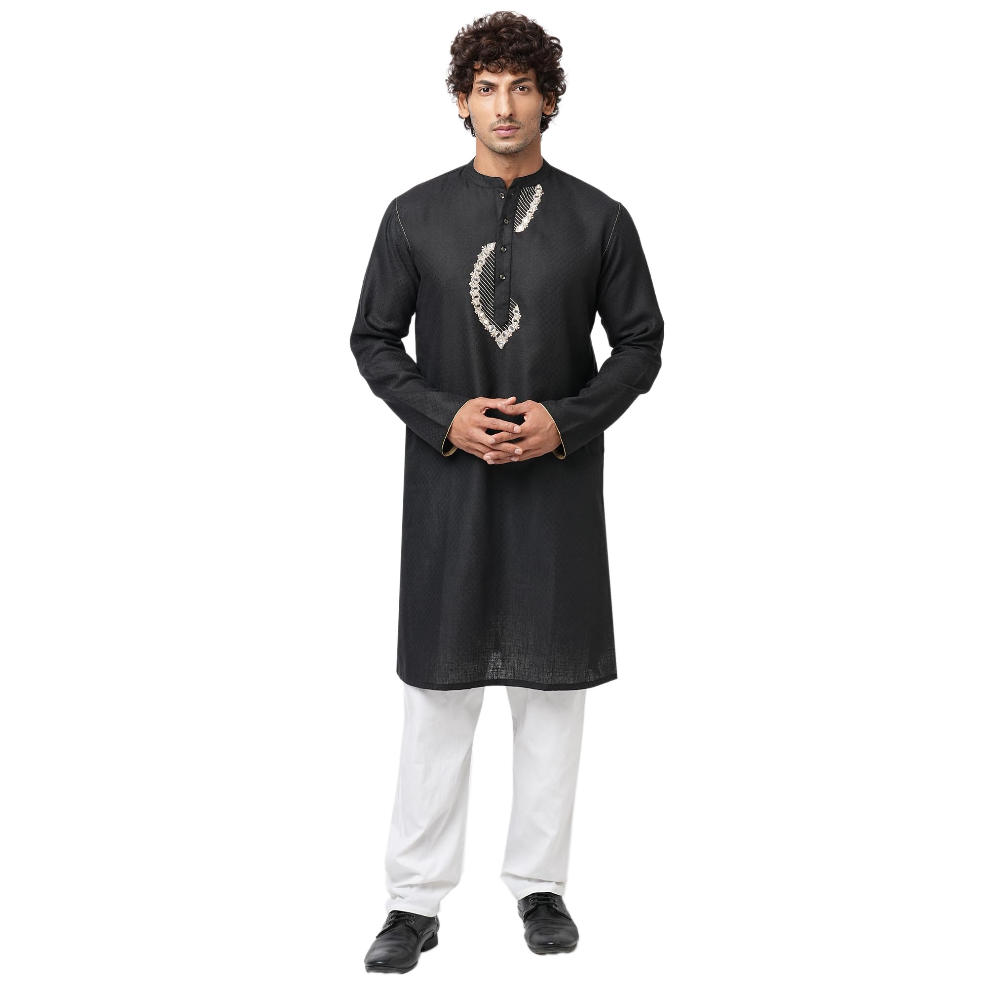 Men’s Black Cotton Full Sleeve Jacquard Weave Long Kurta | Yoke Embroidered Regular Fit | Mandarin Collar & Button Closure | Knee Length-image-5