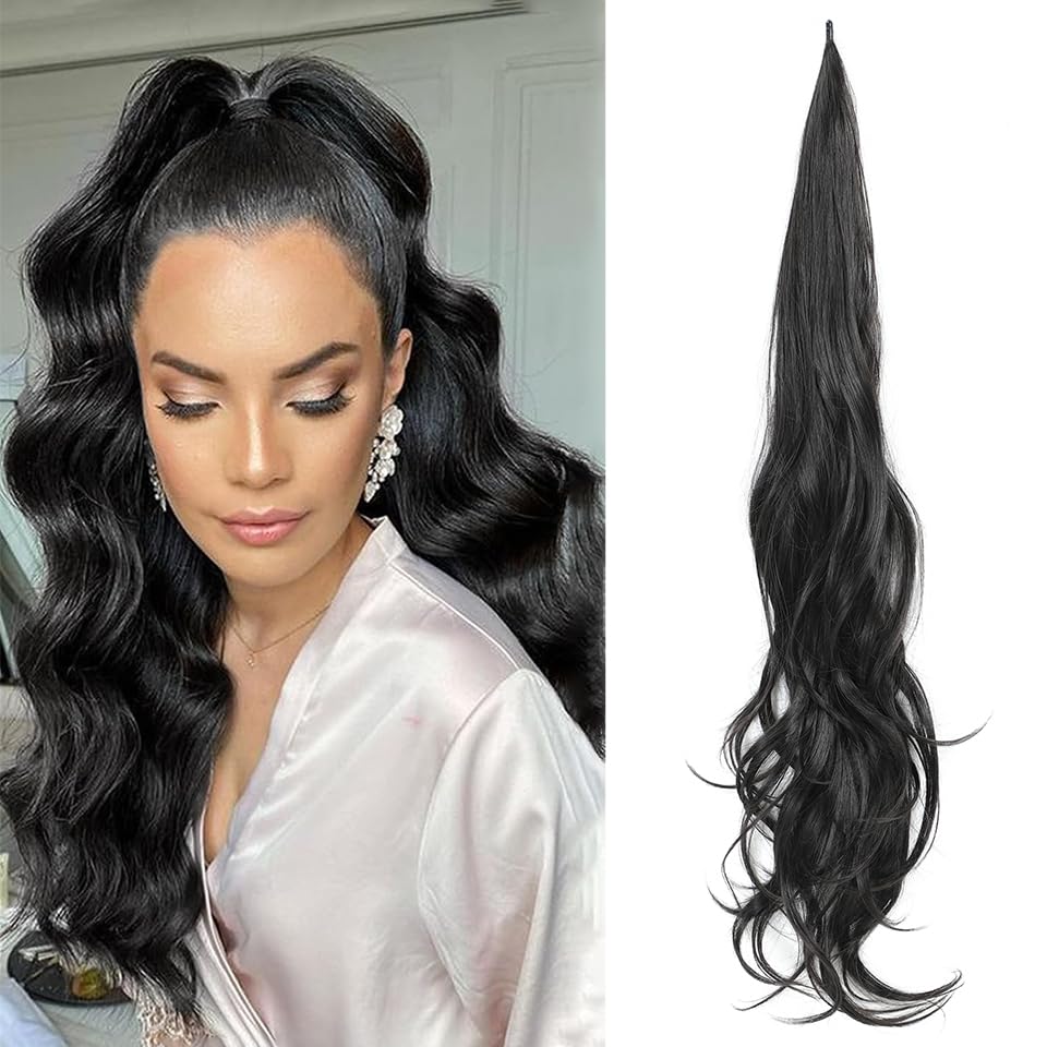 Extensión de cola de caballo de 32 pulgadas, flexible y envolvente, extensión de cabello sintético largo y rizado, extensiones de cabello natural