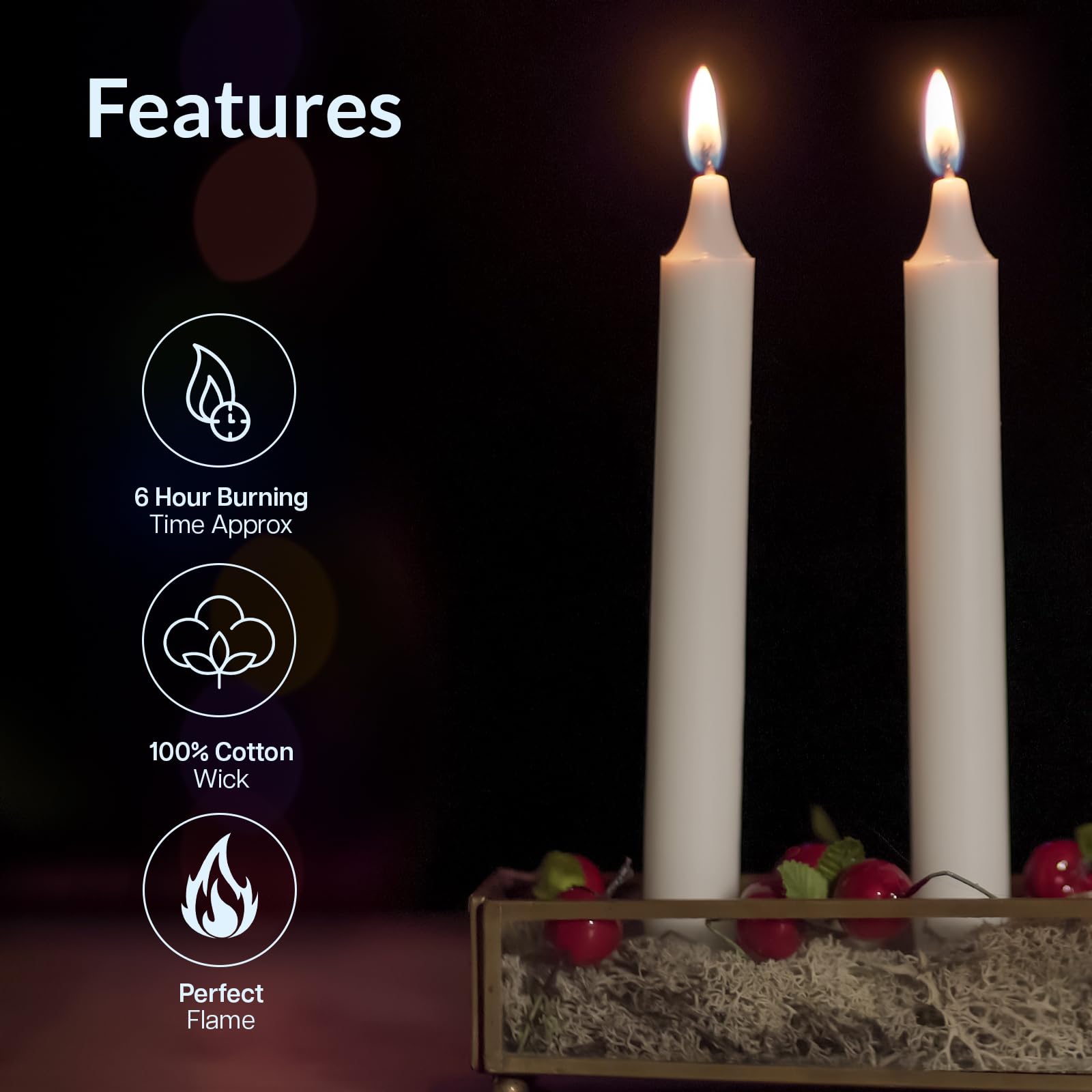 White Dinner Candles 6 Pack - 8 Inch Long Candles with 6 Hours’ Burn Time Non-Scented Long Pillar Candles for Dinning Table - Image 3