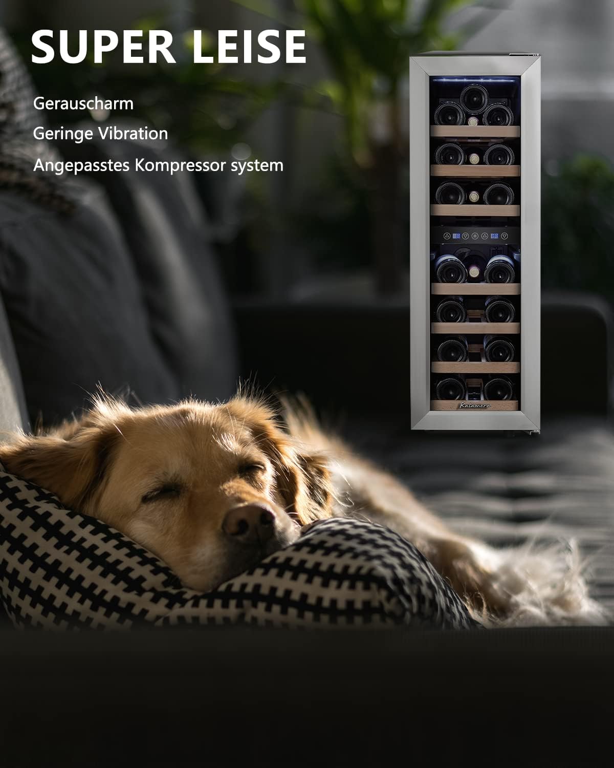 Kalamera KRC-75BSS in a living room with a sleeping dog, illustrating quiet operation