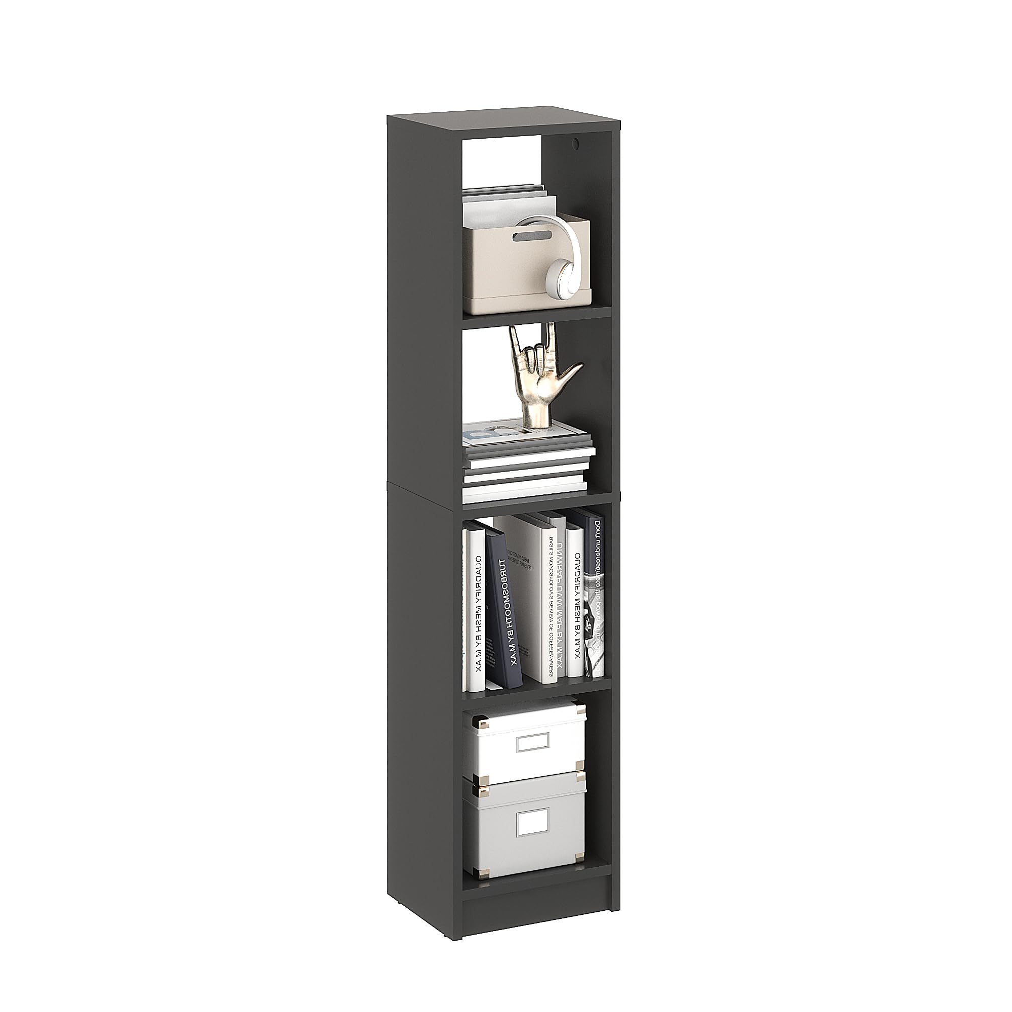Komto Bookcase Anthracite – Narrow Book Shelf 30 cm Wide, 4 Tier Bookshelf, Slim Cube Storage Unit | LAKO 126.5 x 30 x 24 cm