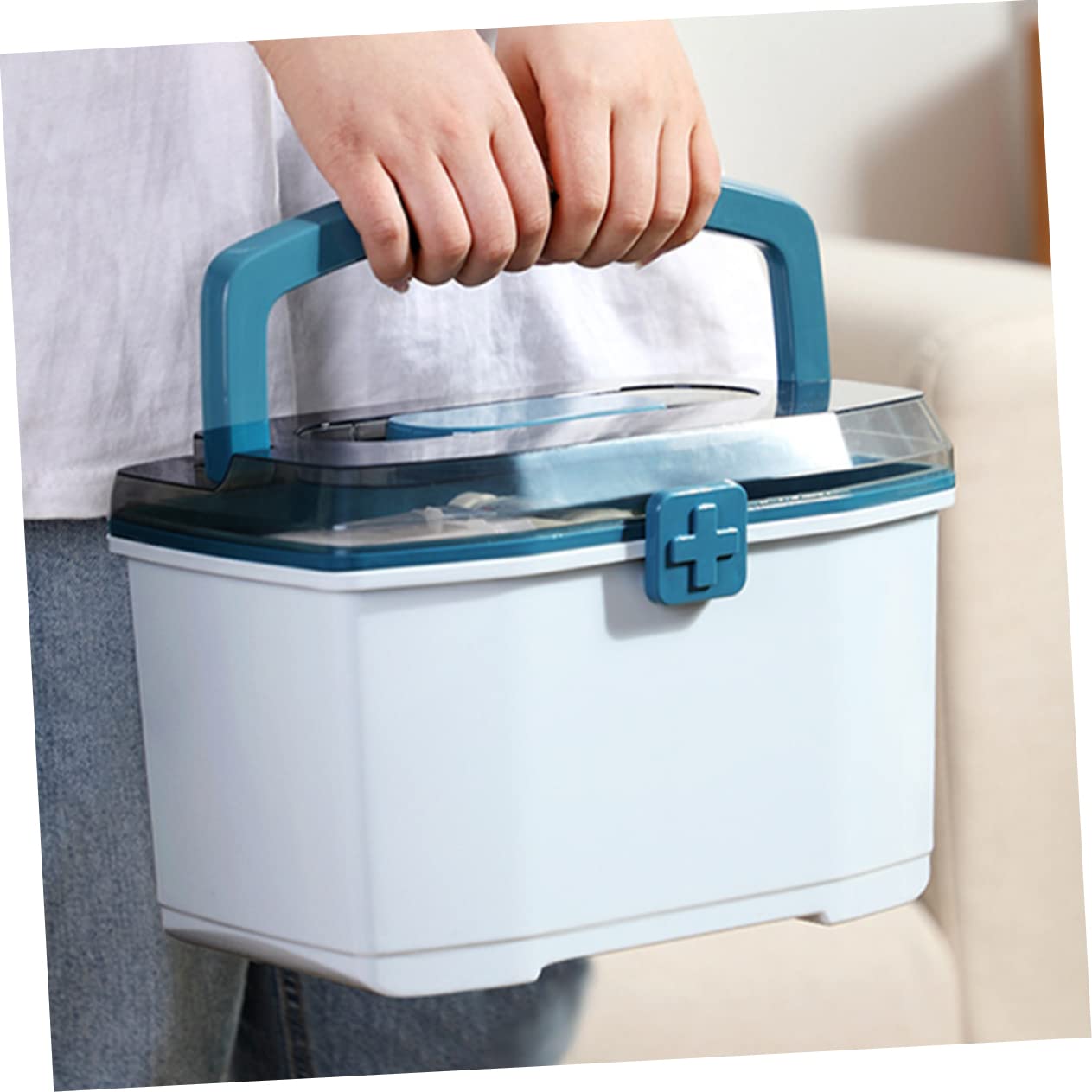 BCOATH Portable Double Medicine Case Transparent First Aid Organizer Removable Tray Lightweight and Lockable for Home Office Outdoor Travel and Family Use