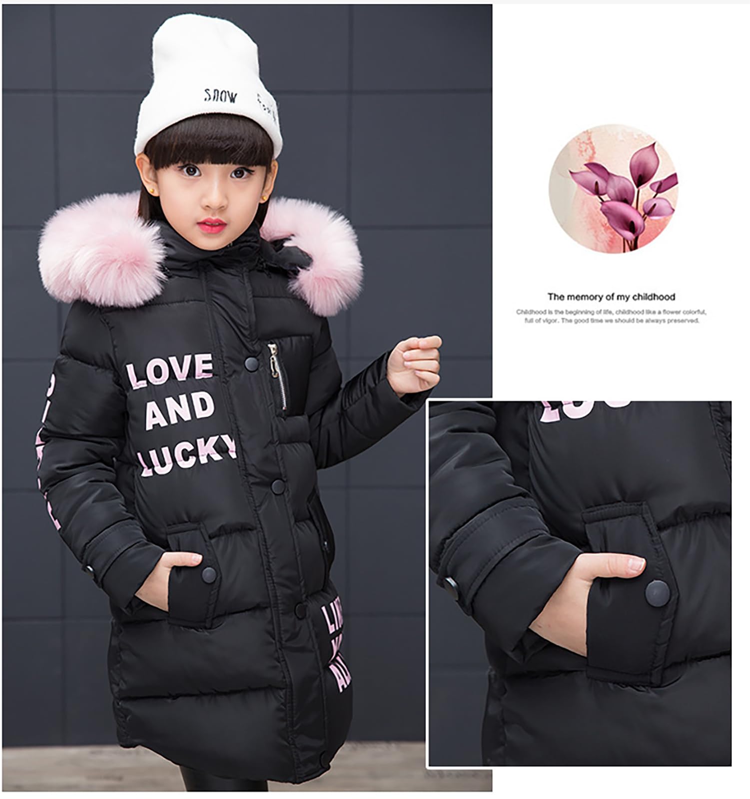 Chaqueta de plumas para niña, diseño de parka con capucha, abrigo largo, chaqueta de piel sintética cálida