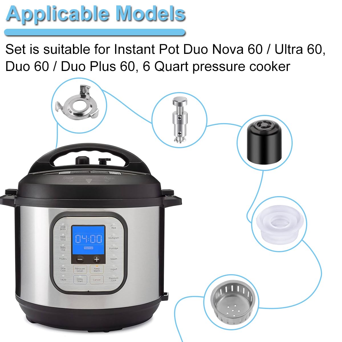 Pezzi di ricambio per Instant Pot Duo Nova 60 / Ultra 60, Duo 60 / Duo Plus 60, 6 Quart Valvola di rilascio del vapore Anello di tenuta Valvola a galleggiante Scudo anti-intasamento