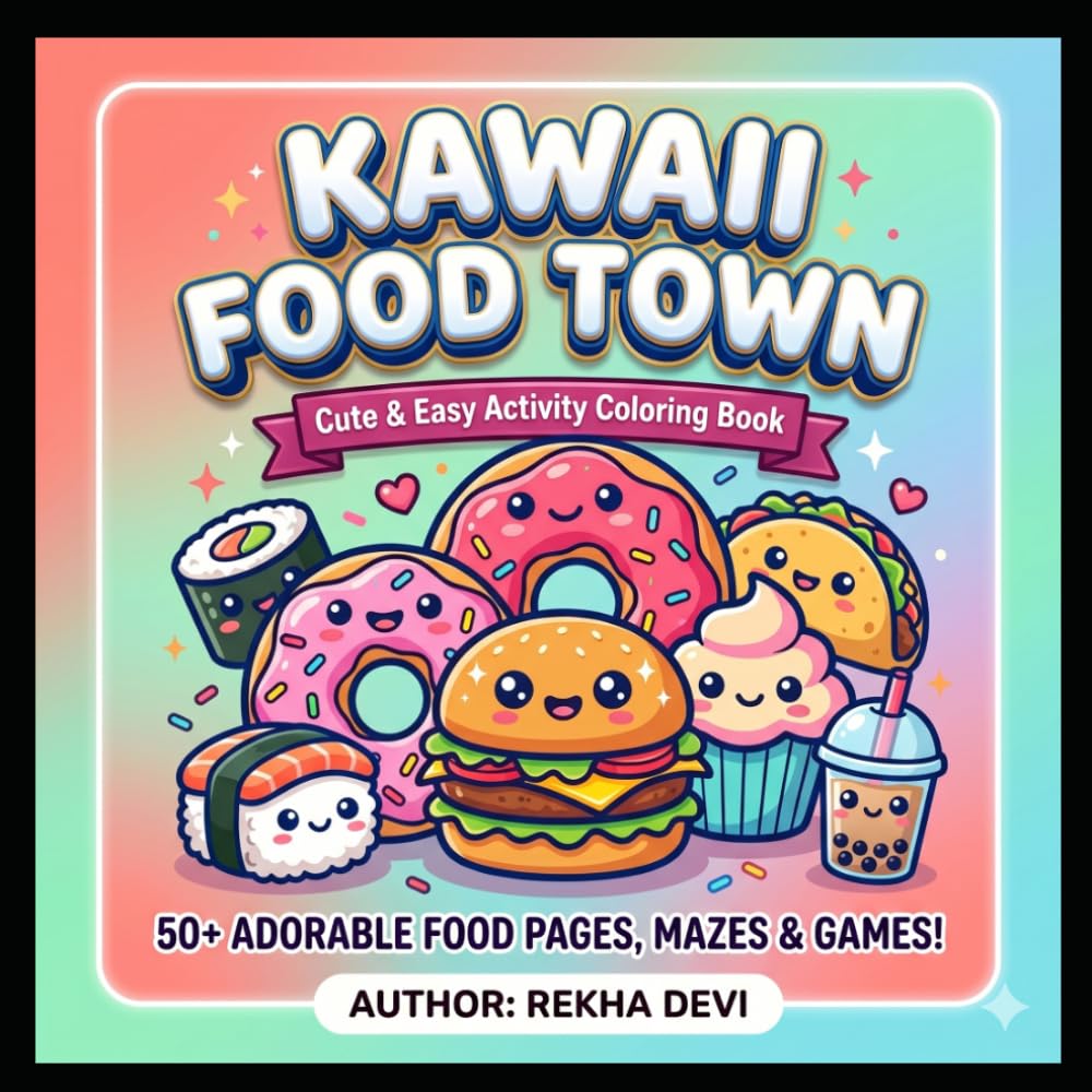 Kawaii Food Town: Cute and Easy Coloring Book for Kids, Toddlers, and Adults with Fun Bonus Activities, Maze Puzzles, and Color by Number (8.5 x 8.5 Inch, 50+ Adorable Food Characters)