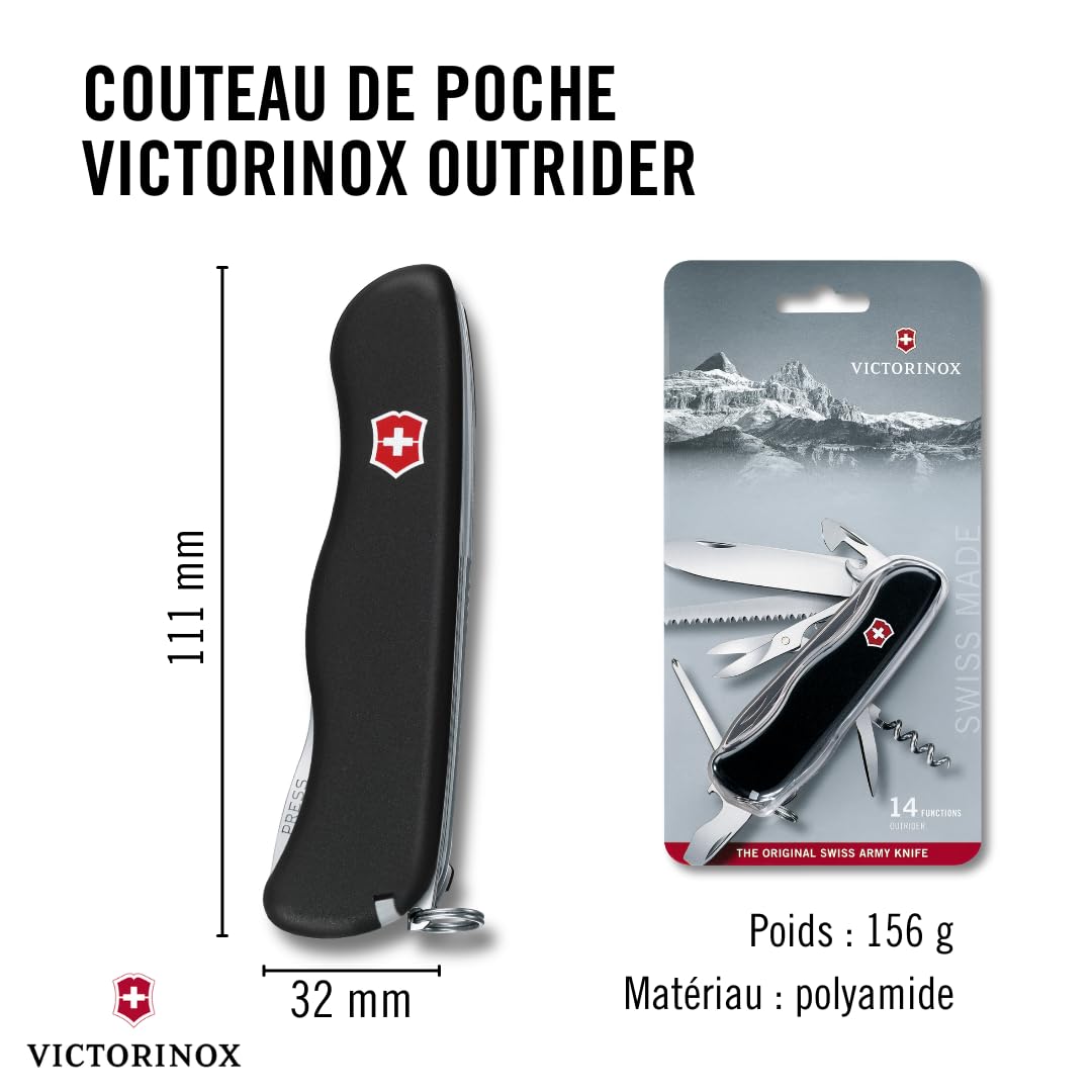 VICTORINOX Couteau Suisse Outrider, 14 Fonctions, Outil Multifonction avec Lame Blocable, Ouvre-Boîtes, Tournevis 3 mm, Tire-Bouchon, Noir