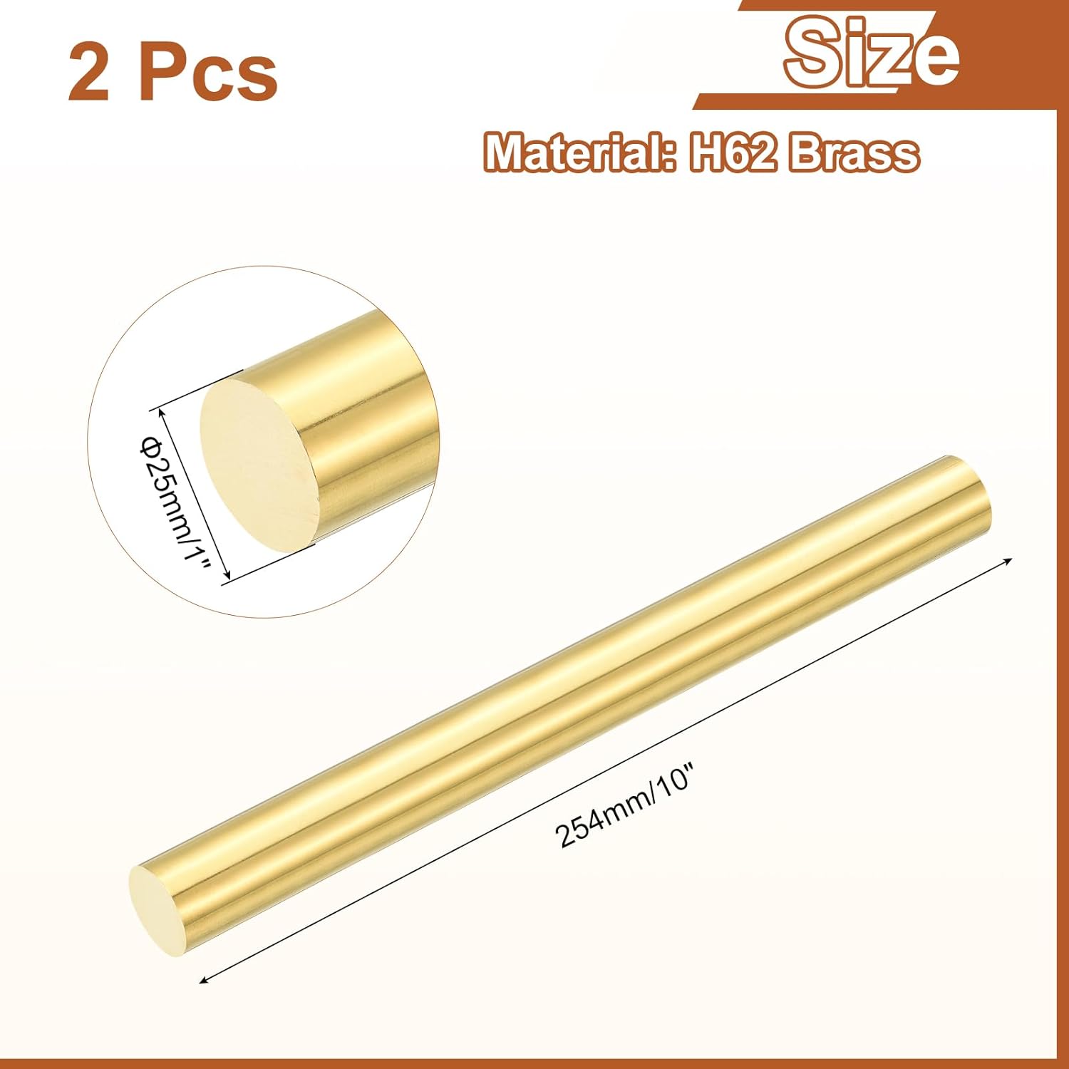 Pack of 2 Round Solid Rods 1 Inch (25 mm) Diameter, Length 10 Inches (254 mm) H62 for DIY