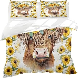 Reateforin Highland Cattle Bedding Set Sunflower Bedding Highland Cow Duvet Cover Set for Kids Boys Girls Bull Comforter Cover Animal Quilt Cover 1 Duvet Cover with 2 Pillowcases Twins Size 88