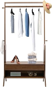 Bamboo Garment Rack, Freestanding Closet Organizers with a Drawer, 300lbs Load Bearing Coat Rack, Clothing Storage Shelves, for Entryway Dorm Room Bedroom Living Room, Brown