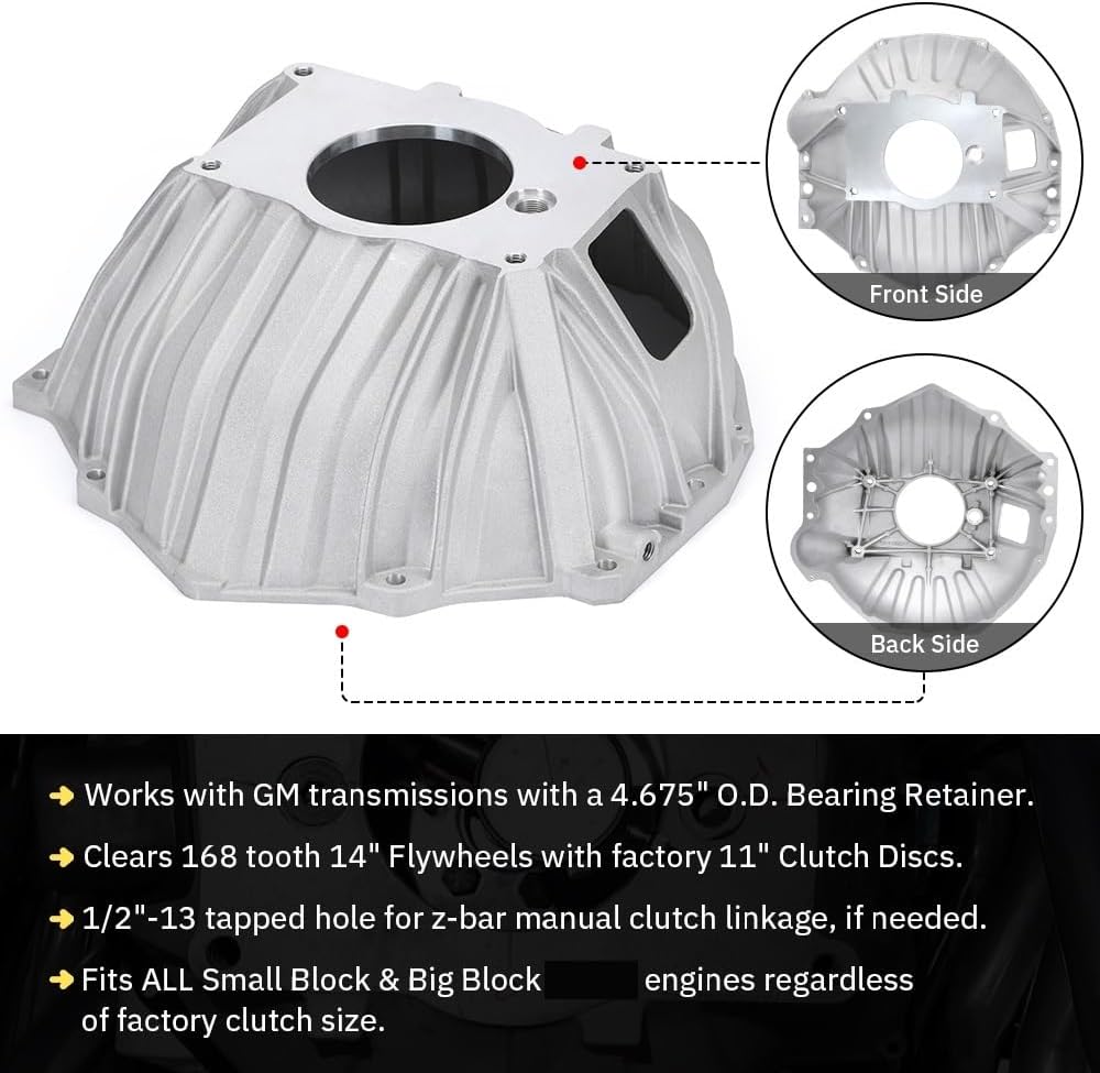 11" Aluminum Bellhousing Kit With Flywheel Inspection Cover Compatible With GM621 SBC BBC Corvette Malibu Nova 1959-1988