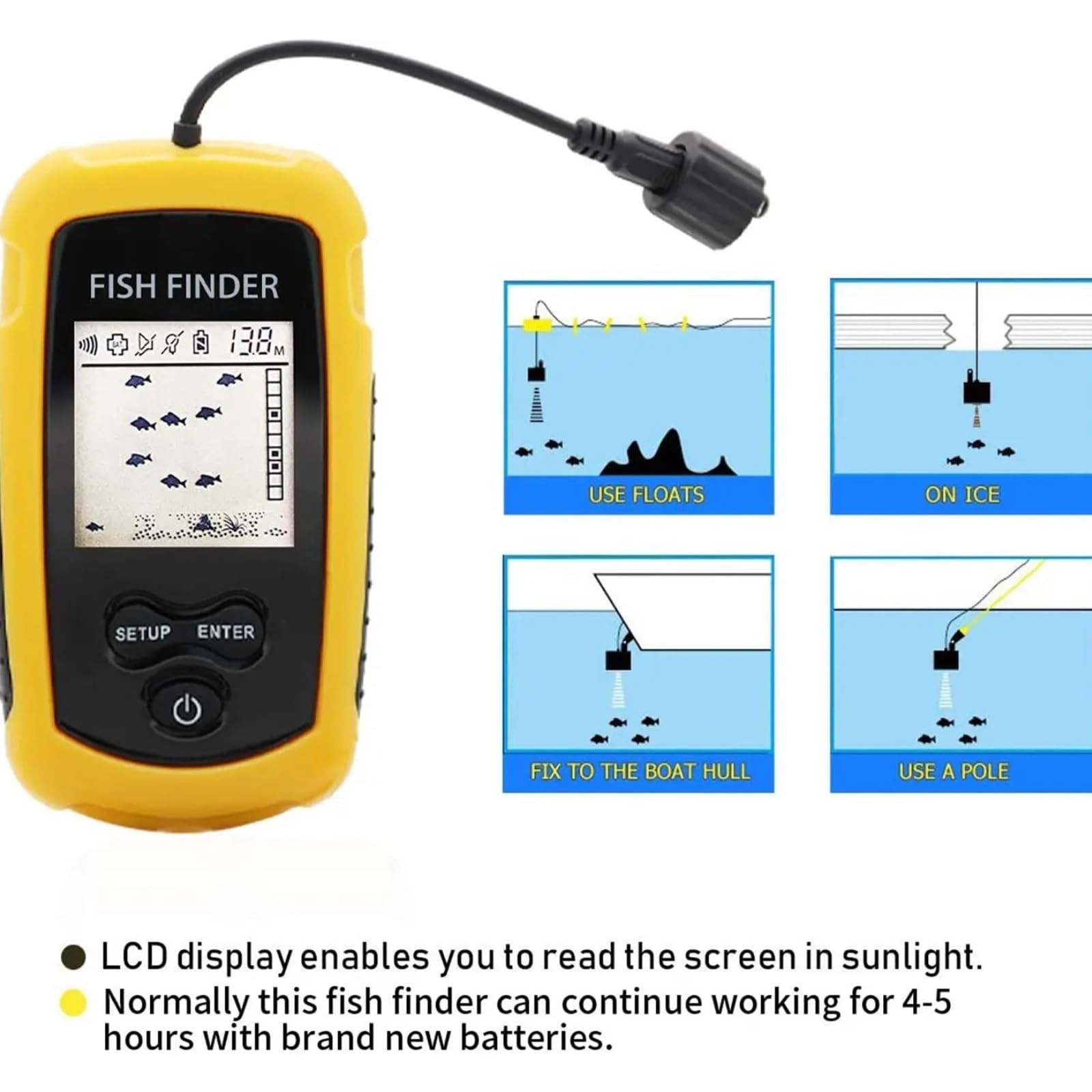 Sonda portátil for Pesca, Cobertura del Sonar, ecosonda, Alarma, transductor, Pesca en el Lago y el mar.